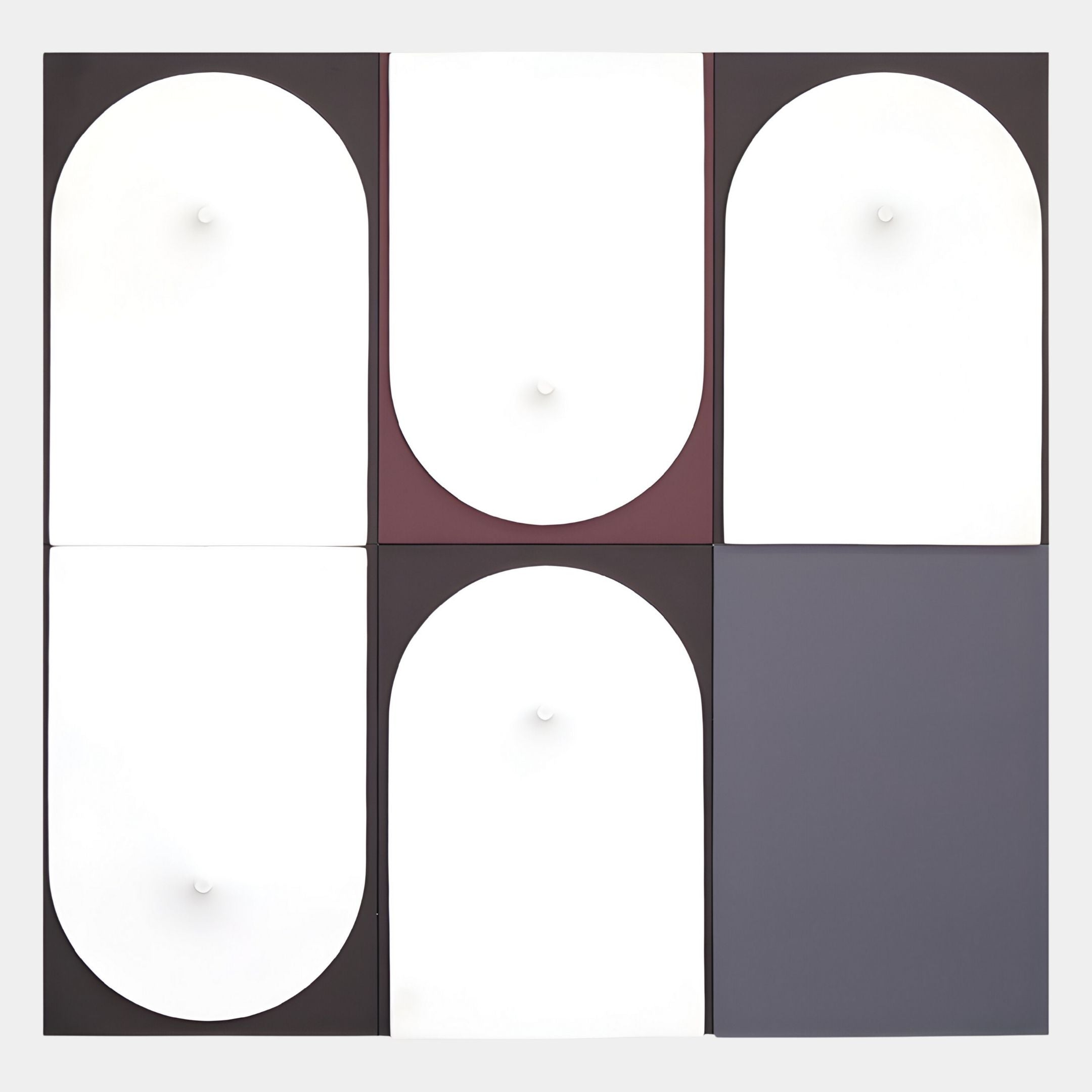 Curventa Plum & Grey Curved Panel 3D Wall Art by Giant Sculptures is a minimalist contemporary décor featuring six sculptural panels in dark and white tones, with curved, protruding shapes forming an abstract geometric pattern.