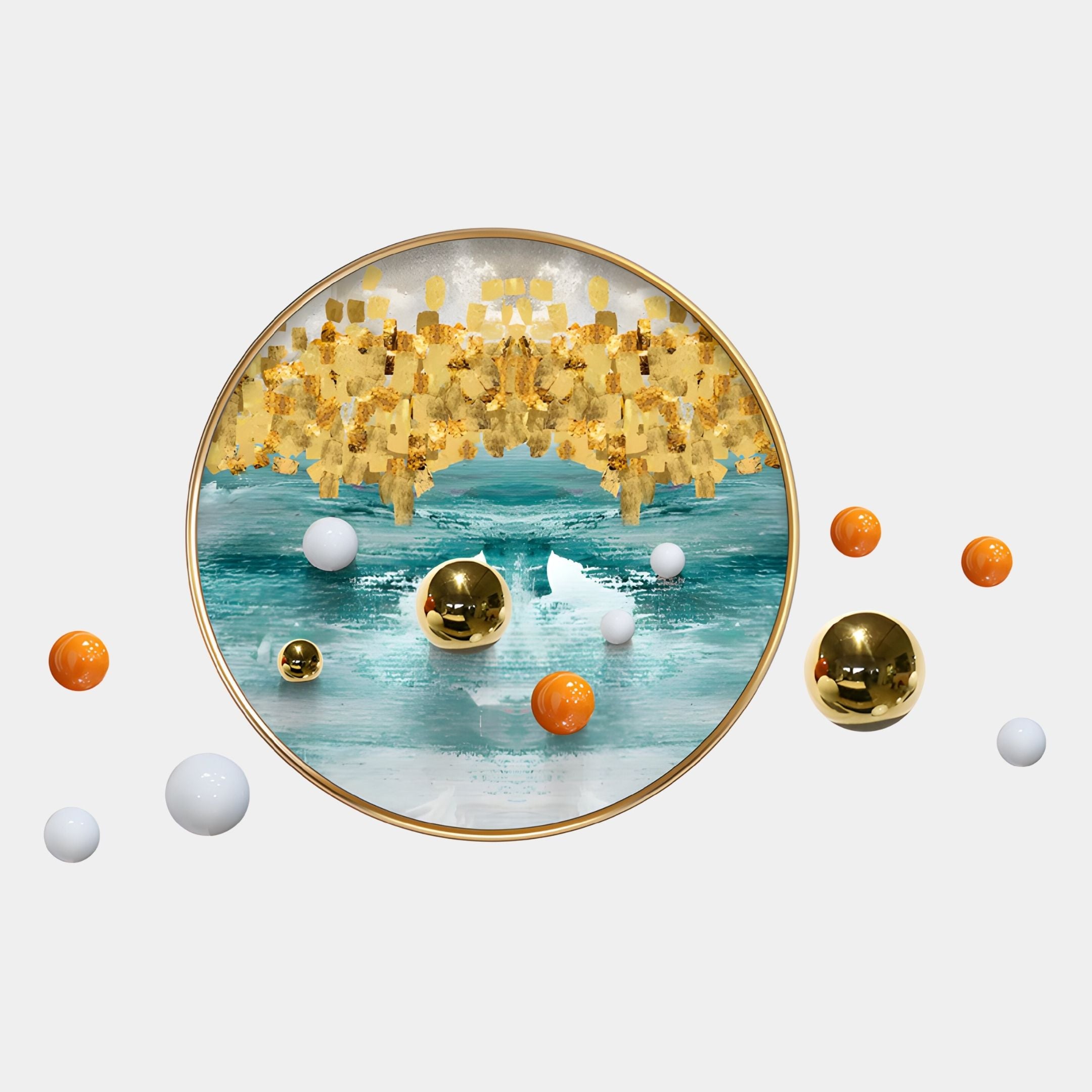 The Aurellune Teal & Gold Drift 3D Wall Art by Giant Sculptures showcases gold, white, and orange metal balls circling textured gold accents above blue and white waves on a plain white background.