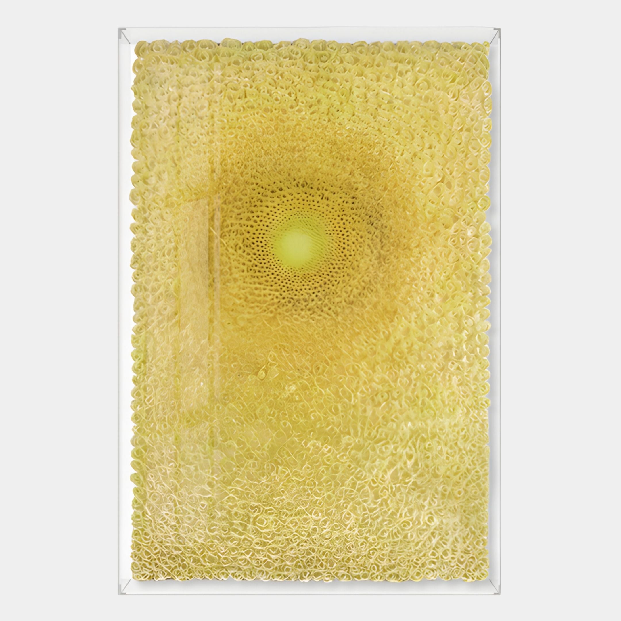 The Lumora Sunburst Yellow Acrylic Framed 3D Paper Wall Art by Giant Sculptures features a dense spiral of small yellow circles on a white background, creating a vibrant, textured visual effect.