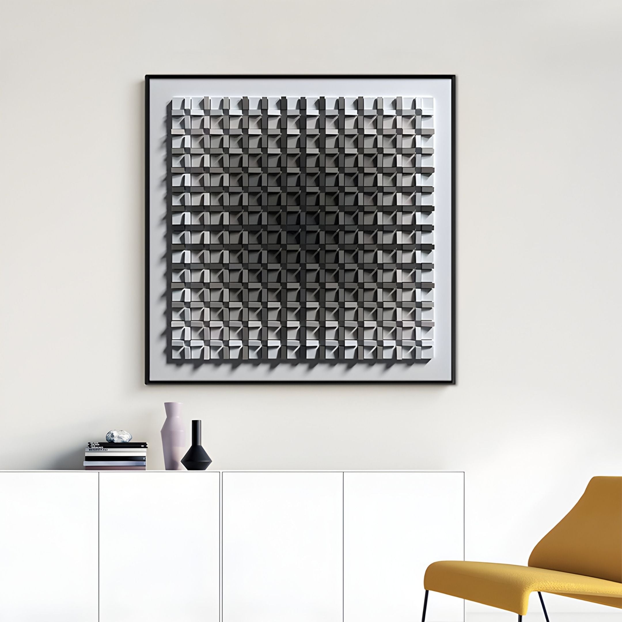 A modern living space with a white cabinet, decorative vases, and a yellow chair features the Gradisect Deep Grey Fade Geometric 3D Wooden Wall Art by Giant Sculptures, adding bold style and complementing the light wall.