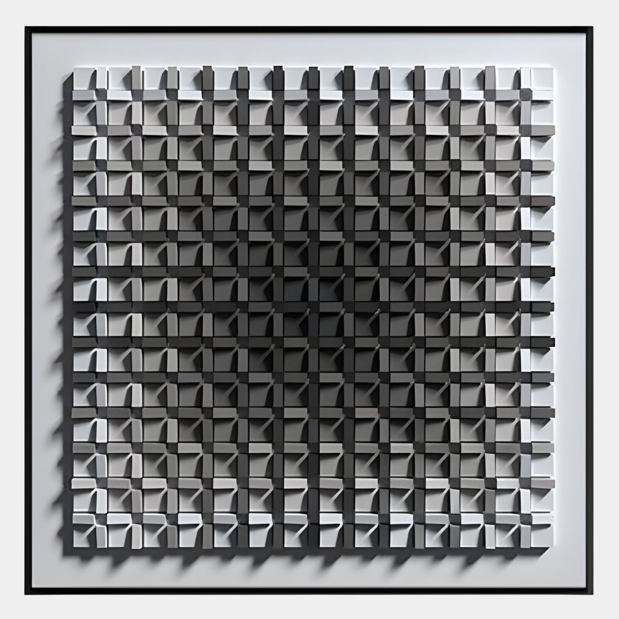 The Gradisect Deep Grey Fade Geometric 3D Wooden Wall Art by Giant Sculptures features a grid of square shapes with a striking white-to-black gradient, framed in black—perfect modern decor for contemporary interiors.
