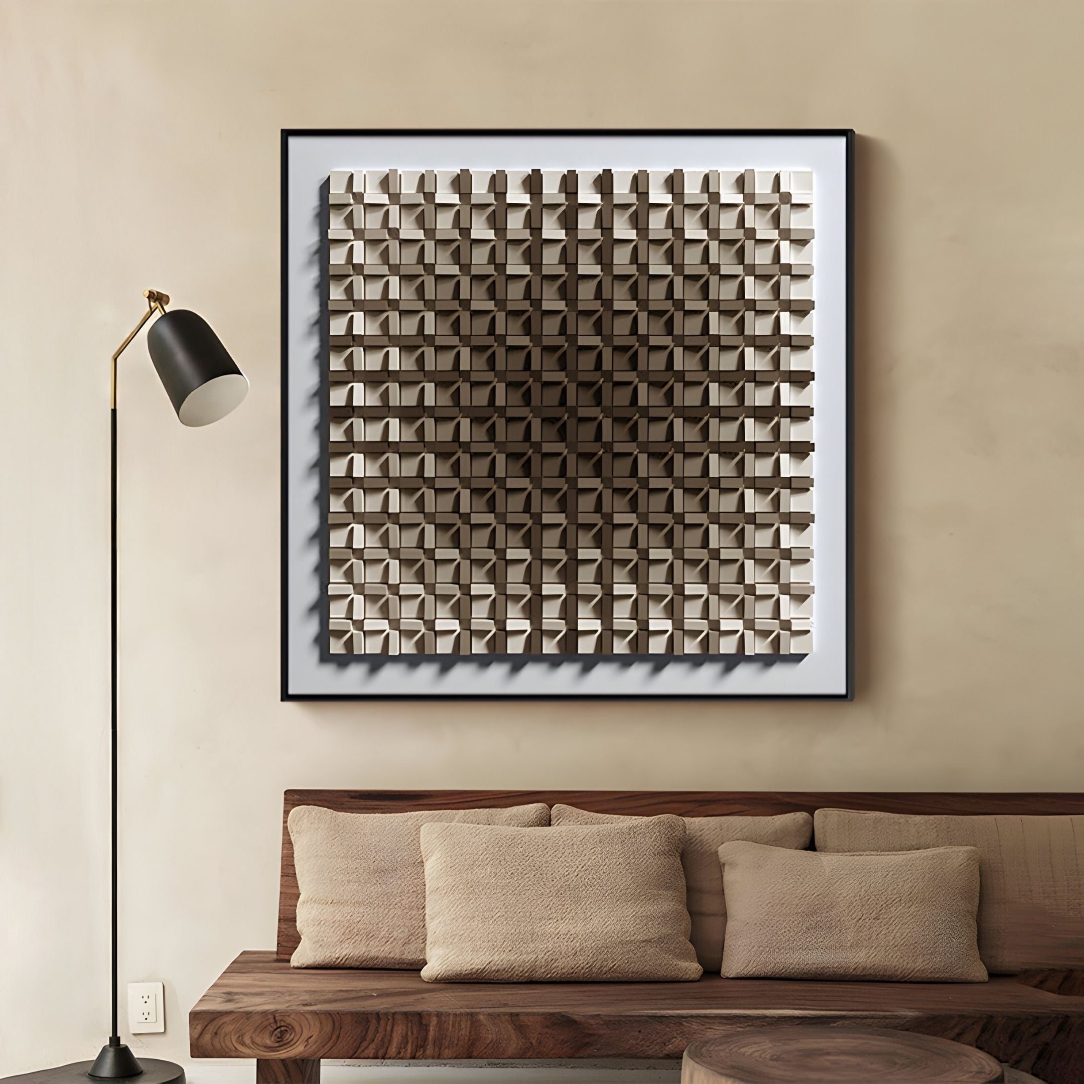 A modern living room featuring Giant Sculptures’ Gradisect Brown Fade Geometric 3D Wooden Wall Art—an eye-catching piece with square blocks in a brown-to-white gradient, paired with a wooden bench, beige cushions, and a black and gold floor lamp.