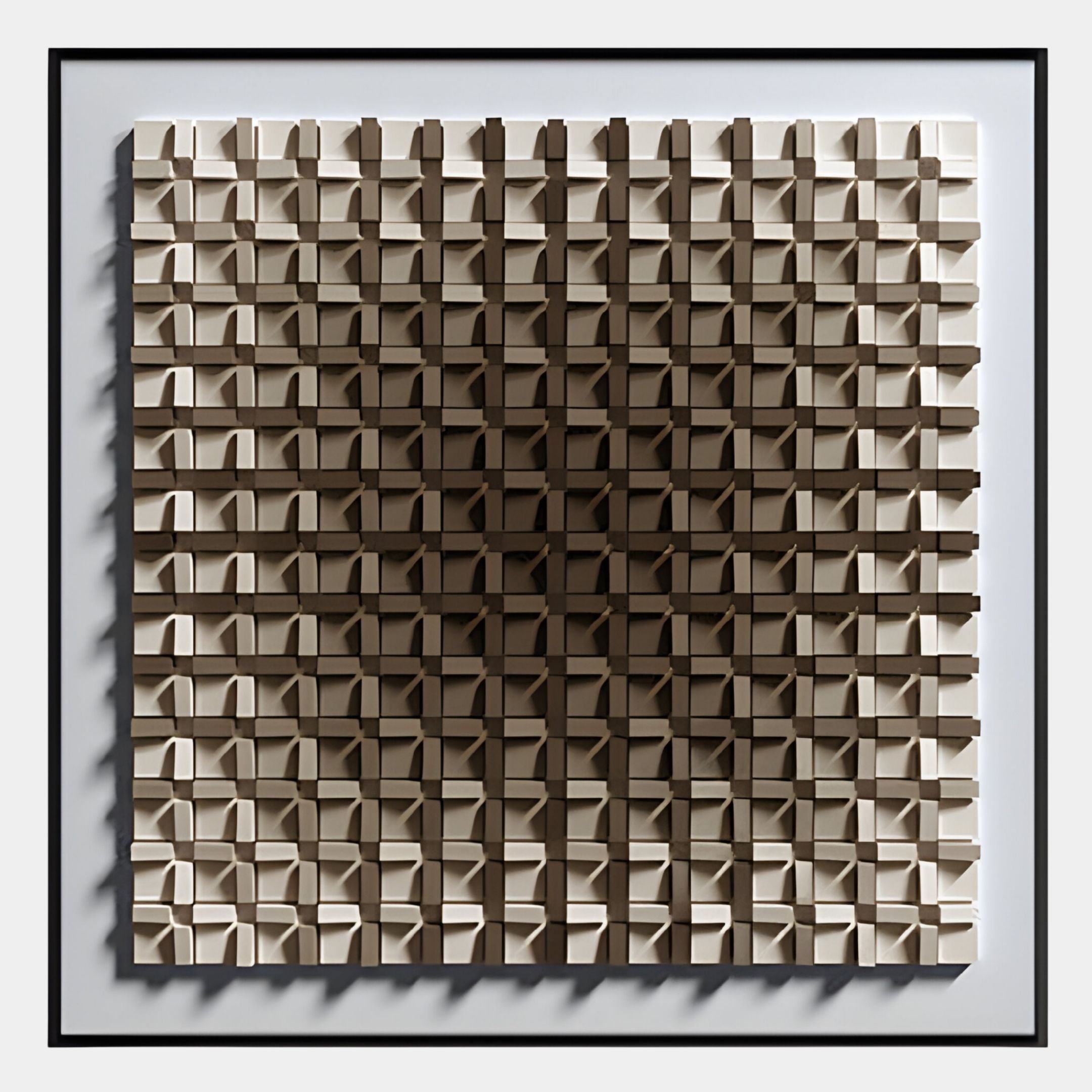The Gradisect Brown Fade Geometric 3D Wooden Wall Art by Giant Sculptures features a grid of rectangles in fading beige-to-brown tones, creating a striking depth effect—ideal as modern wall decor.