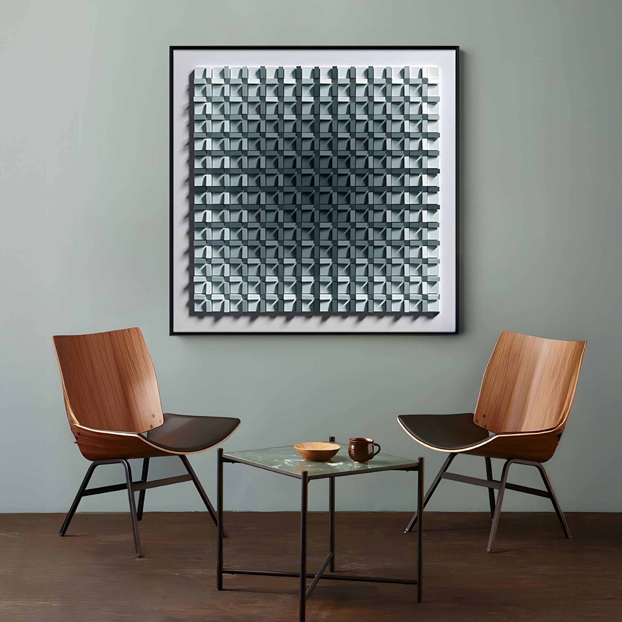 Two modern wooden chairs and a glass-top table sit before a wall adorned with the Gradisect Slate Teal Fade Geometric 3D Wooden Wall Art by Giant Sculptures. A teapot and cup rest on the table.