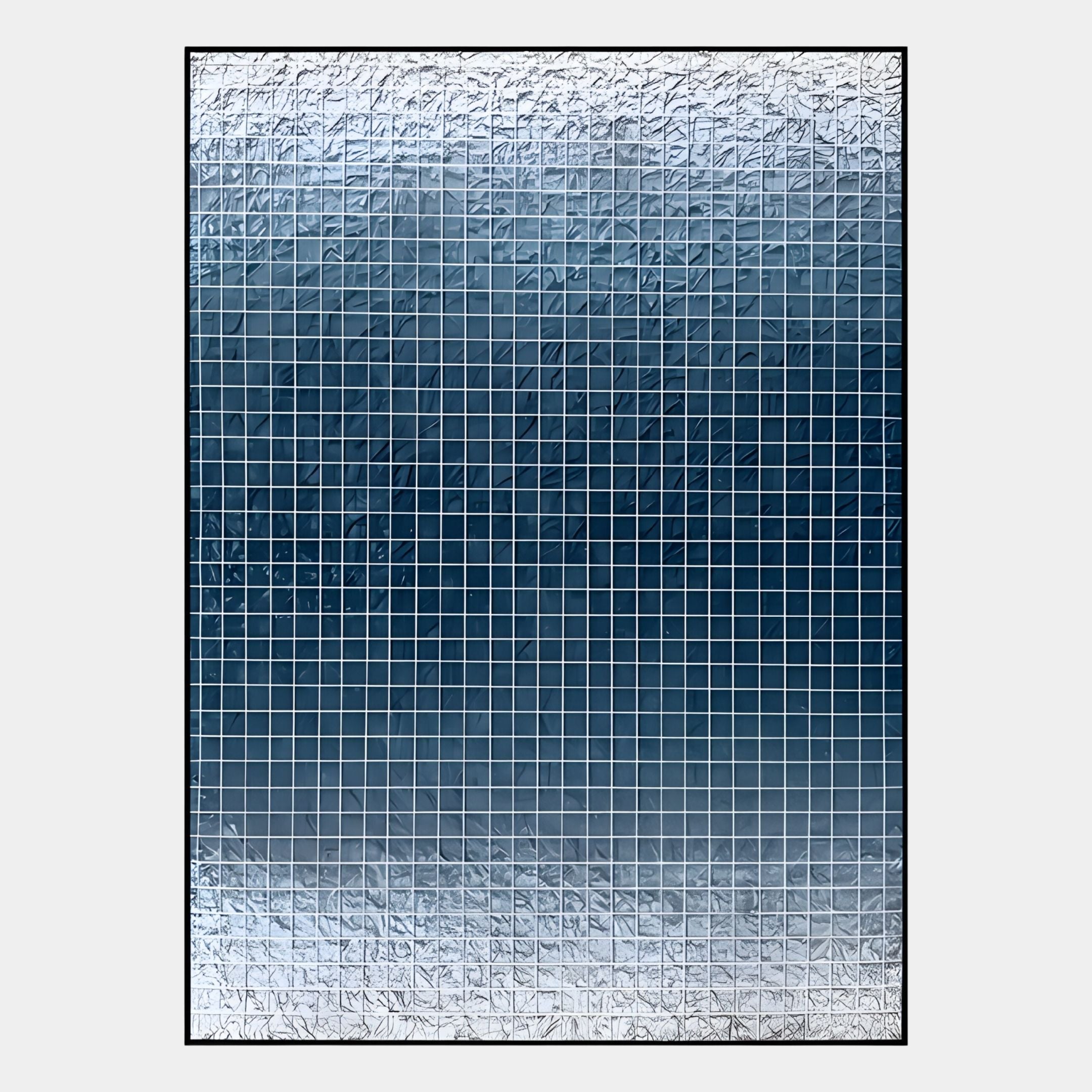The Gridelle Deep Blue Gradient Grid 3D Paper Wall Art by Giant Sculptures features a rectangular grid design on a textured, metallic surface with a deep blue to light silver gradient for a striking visual effect.