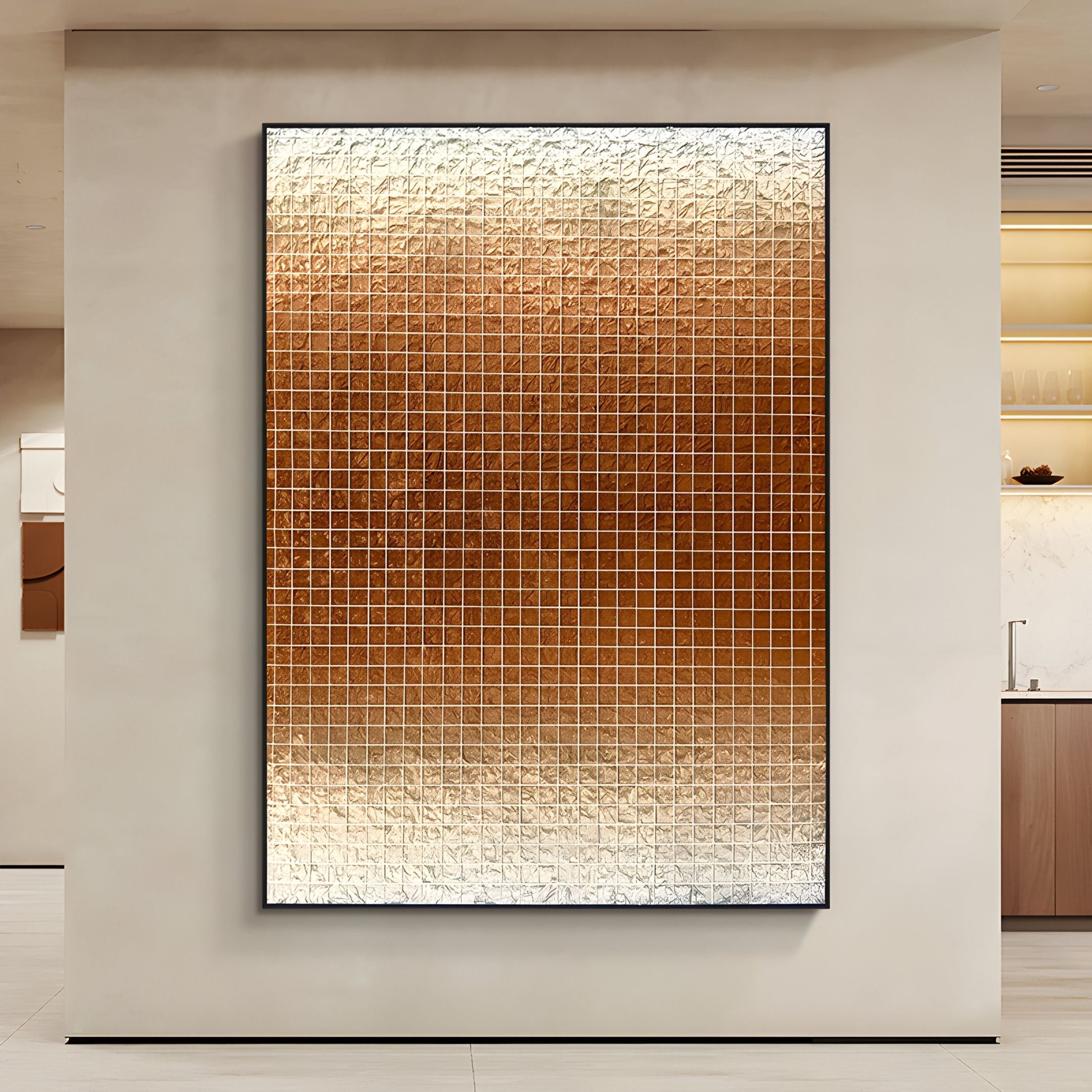 The Gridelle Amber Fade Gradient Grid 3D Paper Wall Art by Giant Sculptures showcases a textured white-to-rich brown gradient, bringing elegant modern decor to your space—perfect for display in a minimal interior near the kitchen.