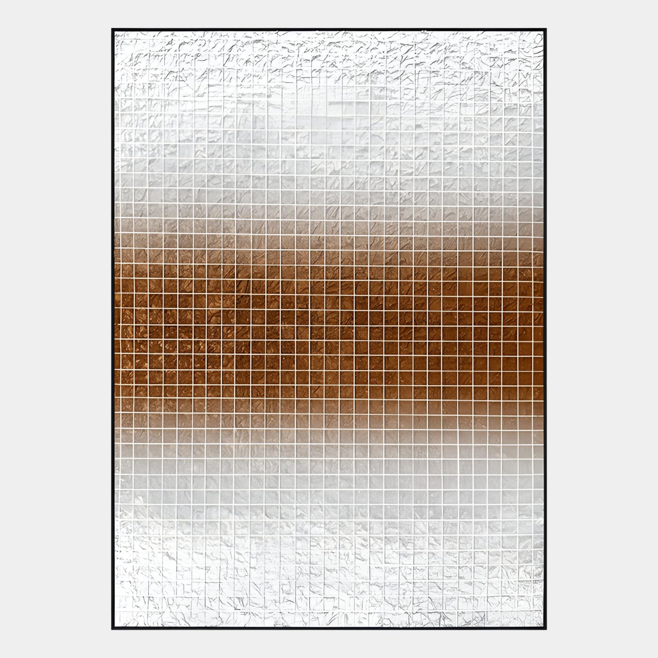 The Gridelle Silver & Amber Gradient Grid 3D Paper Wall Art by Giant Sculptures showcases small white squares with a brown gradient band on a crinkled metallic silver background, bordered by a thin black line for modern decor.