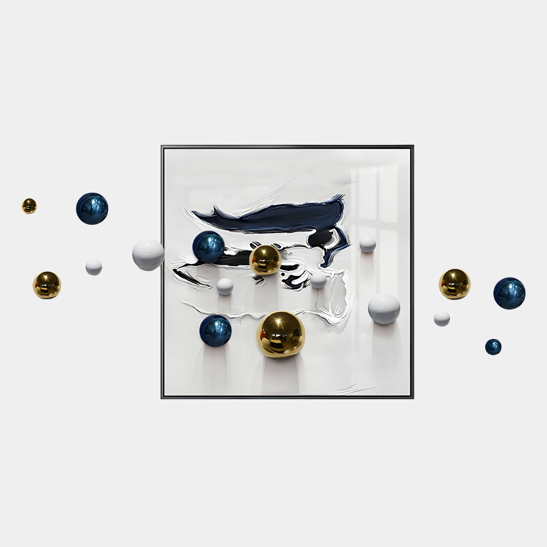 The Aeroluxe Navy Crest Abstract 3D Wall Art by Giant Sculptures features fluid black and white swirls in a square frame, accented with metallic gold, navy, and white metal balls—ideal for adding sophistication to modern spaces.