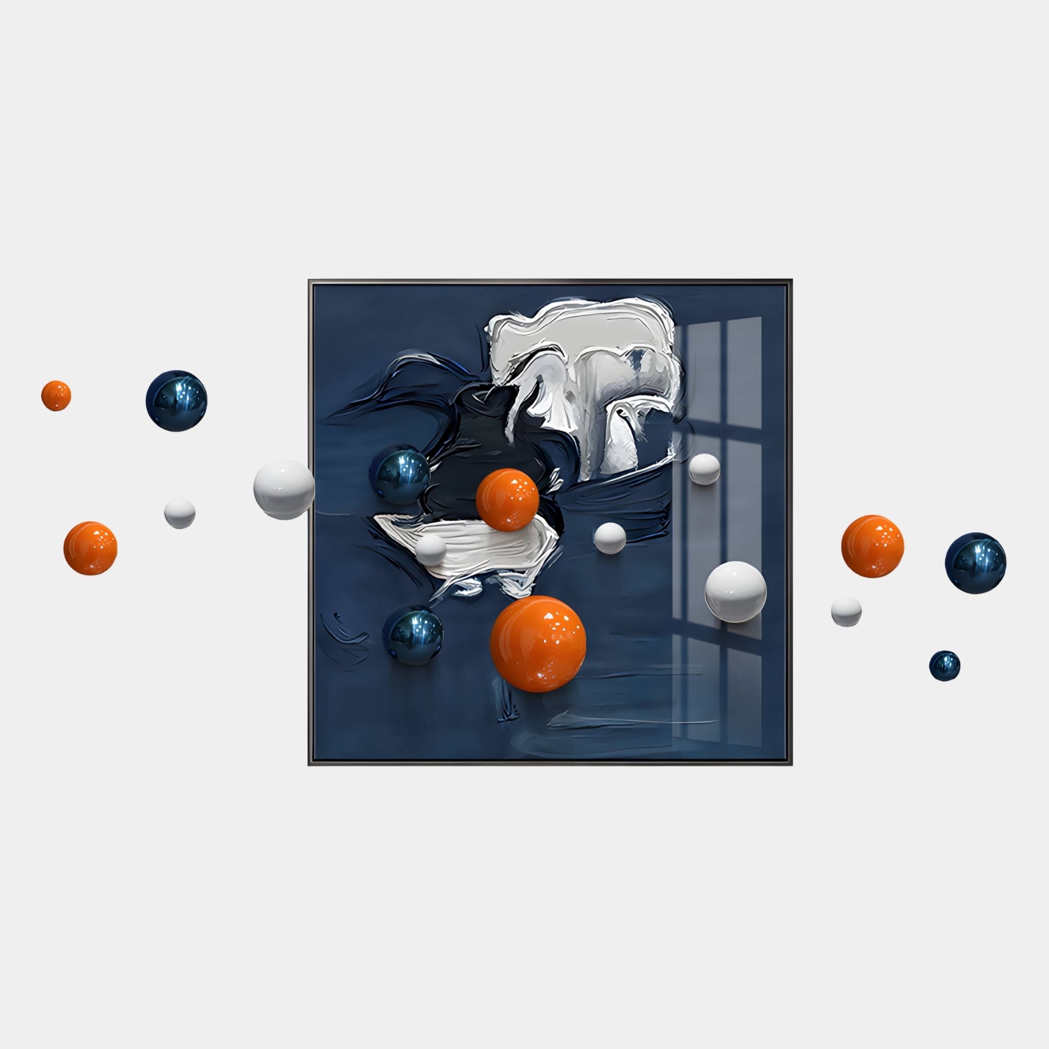 The Aeroluxe Midnight Blue Abstract 3D Wall Art by Giant Sculptures features a dark blue frame with abstract white and silver brushstrokes, accentuated by floating blue, orange, and white metal balls on a light gray background.