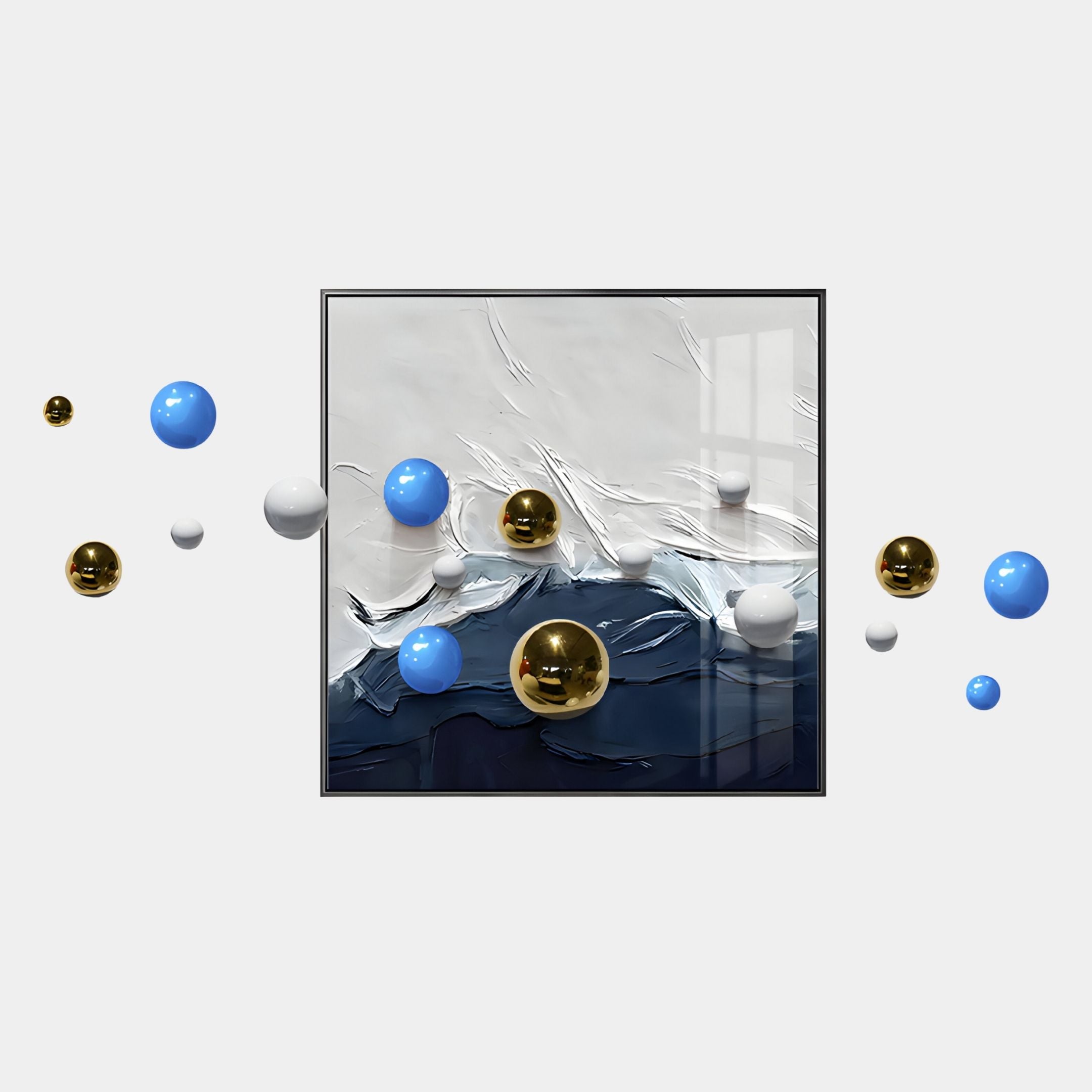 The Giant Sculptures Aeroluxe Navy & White Wave 3D Wall Art features textured navy and white waves with gold and blue metal spheres, all framed against a light background for a modern abstract look.
