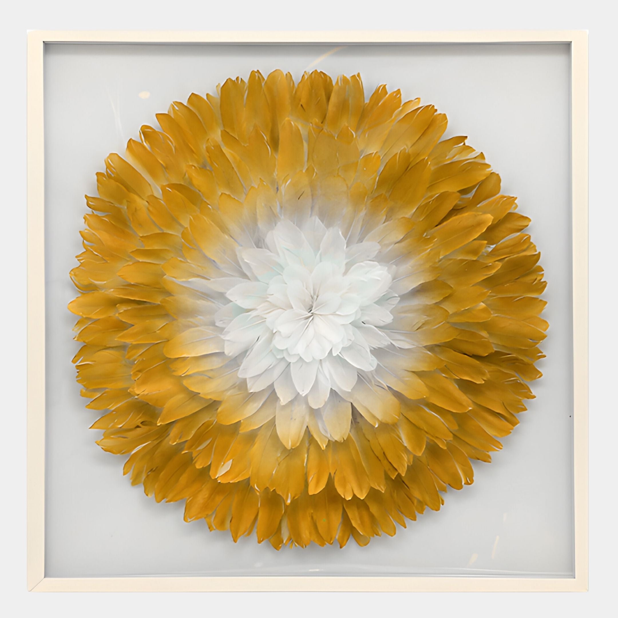 The Plumesse Golden Bloom Layered Feather 3D Wall Art by Giant Sculptures showcases a large circular flower with yellow and white gradient feathers, creating striking contemporary décor against a light background.