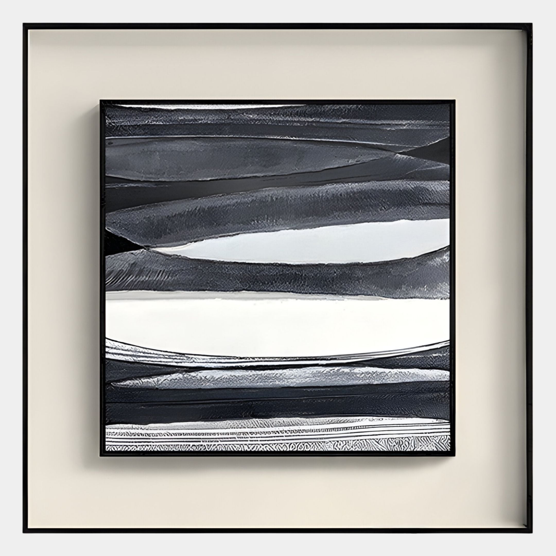 The Stratonis Monochrome Layered Textured Framed Wall Art by Giant Sculptures features wavy black, gray, and white bands, adding depth and movement—perfect for striking contemporary decor on a neutral wall.