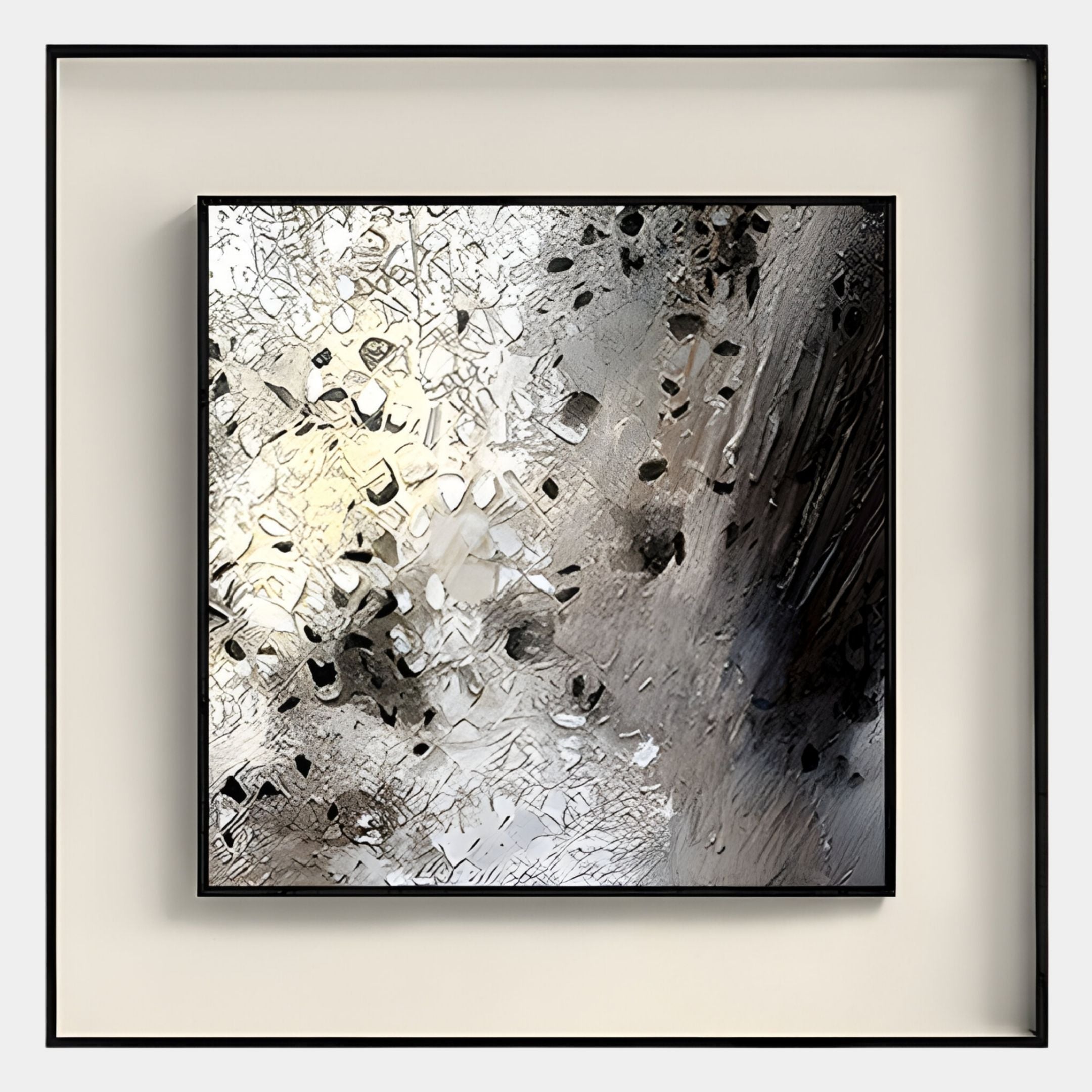 The Stratonis Fragmented Abstract Textured Framed Wall Art by Giant Sculptures features blended black, gray, and white shades with geometric shapes and textured brush strokes, elegantly mounted on a light wall.
