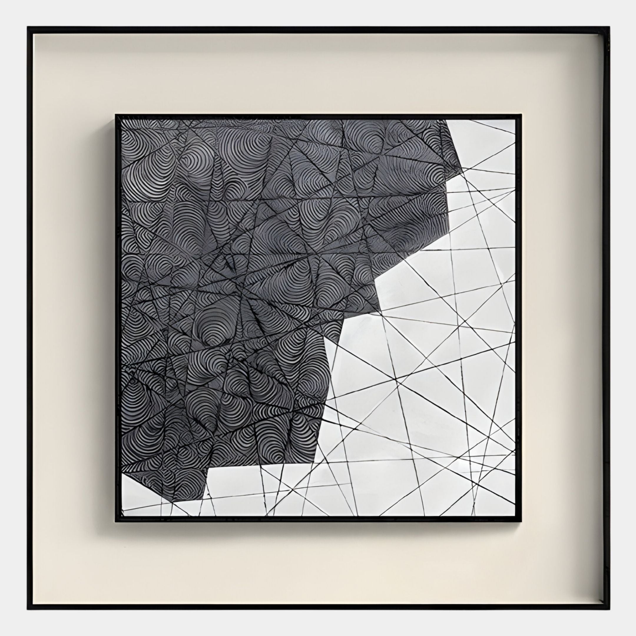 The Stratonis Graphite Linework Textured Framed Wall Art by Giant Sculptures features overlapping geometric lines and swirling black and gray patterns on a white background, creating depth, texture, and contrast.