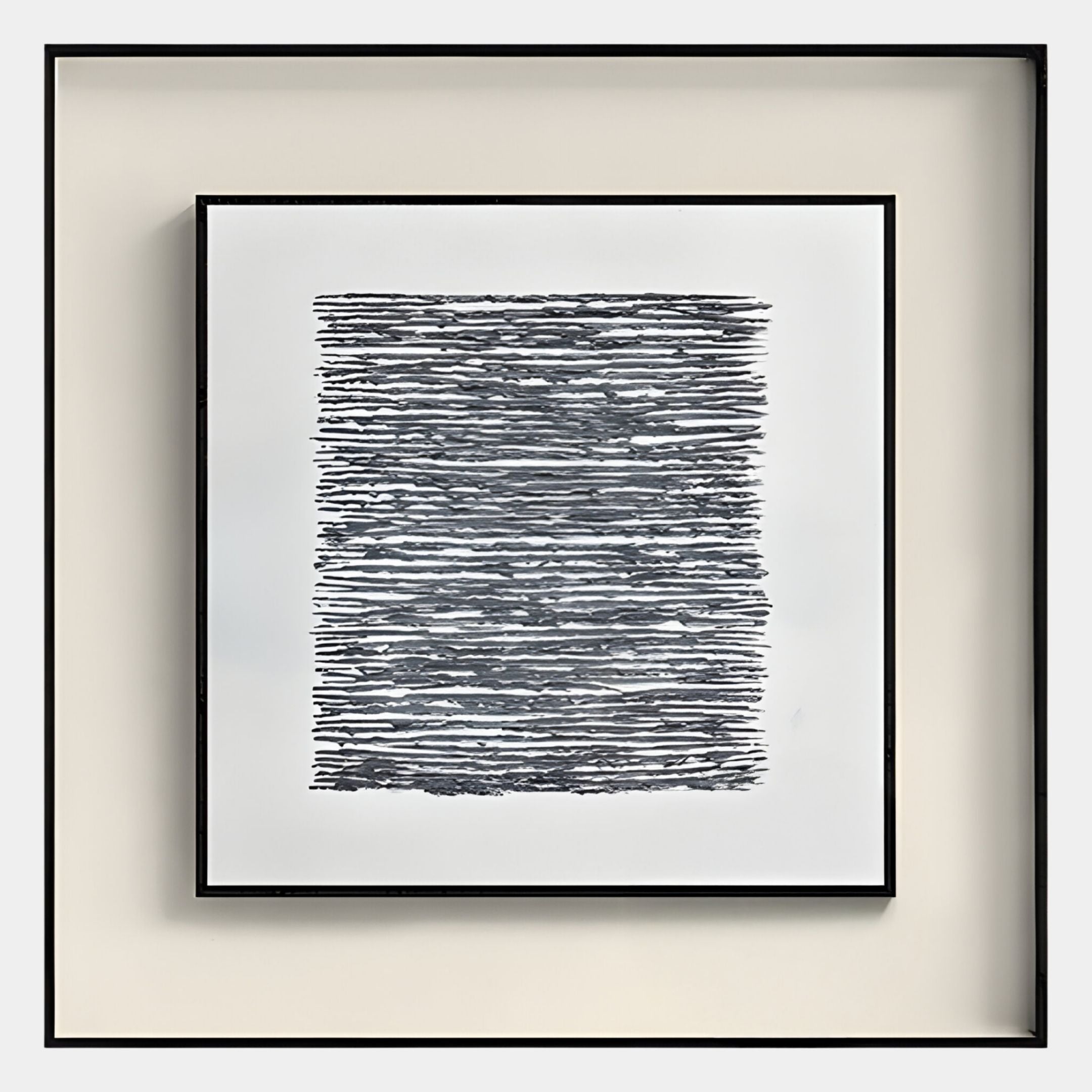 The Stratonis Grey Linework Textured Framed Wall Art by Giant Sculptures features dense horizontal lines forming an abstract rectangular pattern, making it ideal minimalist wall decor.