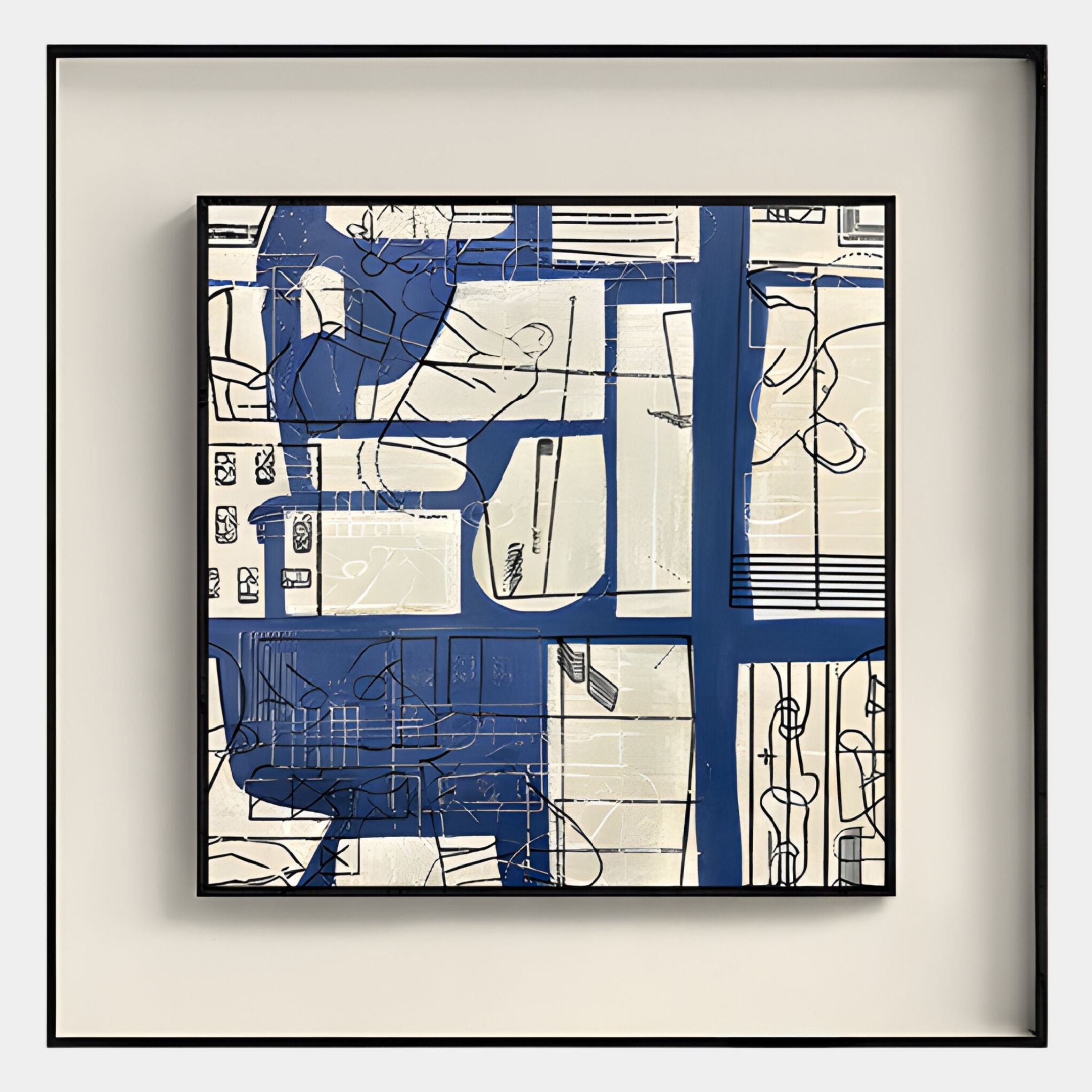 The Stratonis Blue & Beige Grid Abstract Textured Framed Wall Art by Giant Sculptures features overlapping blue and beige geometric shapes with black lines, mounted in a shadow-box frame for a modern, layered look.