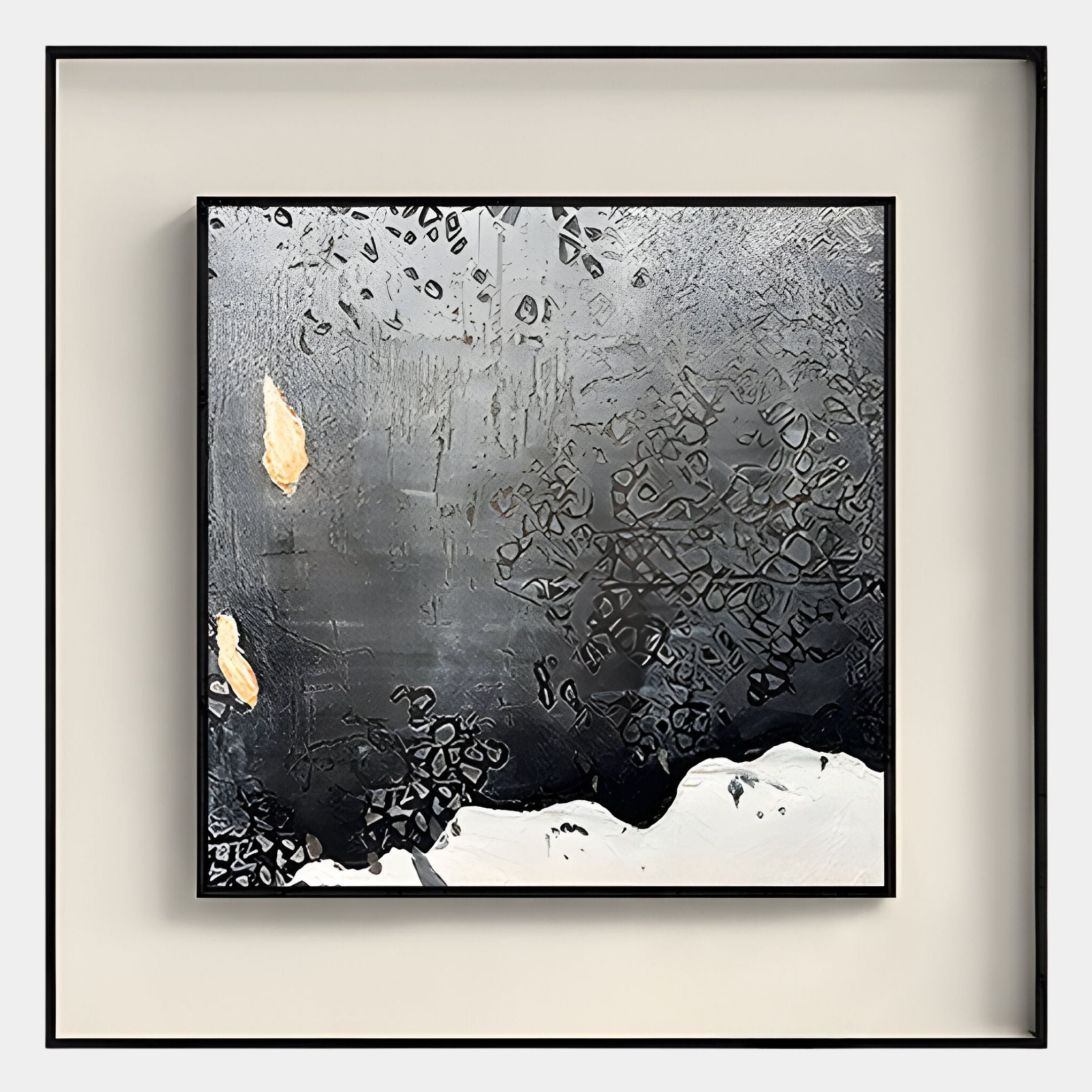 The Stratonis Black Mist Gradient Textured Framed Wall Art by Giant Sculptures features black, white, and gray tones with gold accents in a simple black frame, bringing contemporary monochrome style to any space.