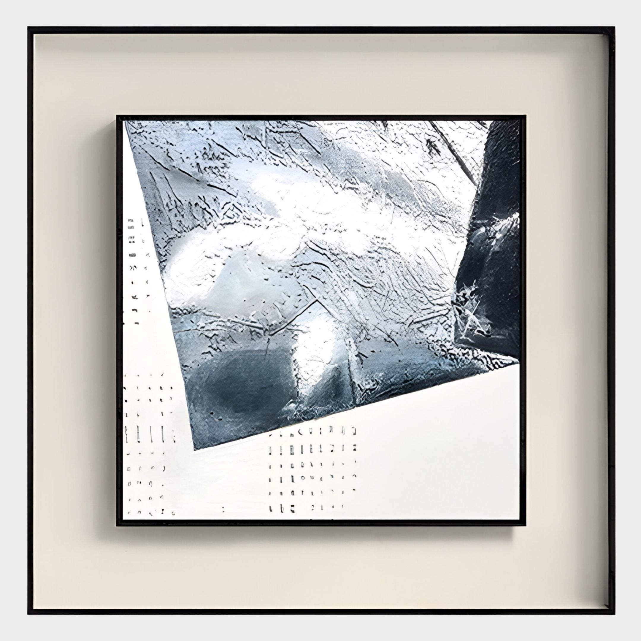 The Stratonis Silver Folded Plane Textured Framed Wall Art by Giant Sculptures features modern abstract silver texture over a white backdrop with black lines, set in an elegant frame within a larger off-white mat for added sophistication.