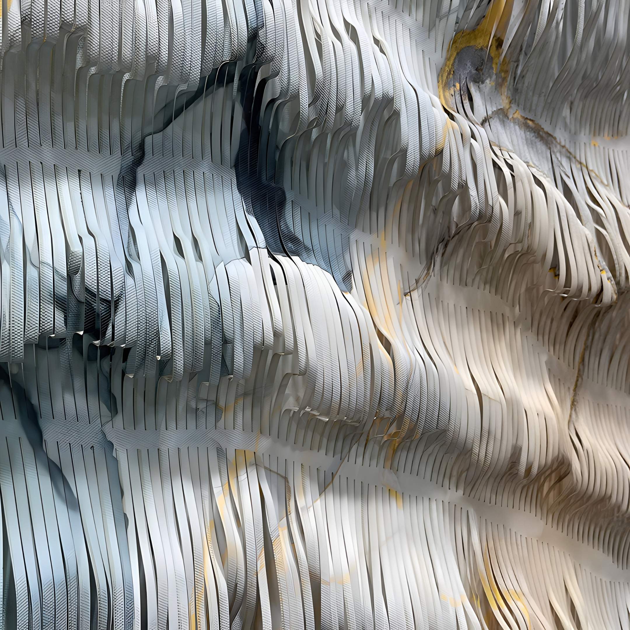 The Linscario Mistfold White & Blue Ripple Texture 3D Wall Art by Giant Sculptures features overlapping, wavy metallic strips in white, gray, and blue for a layered effect—perfect as modern luxury decor.