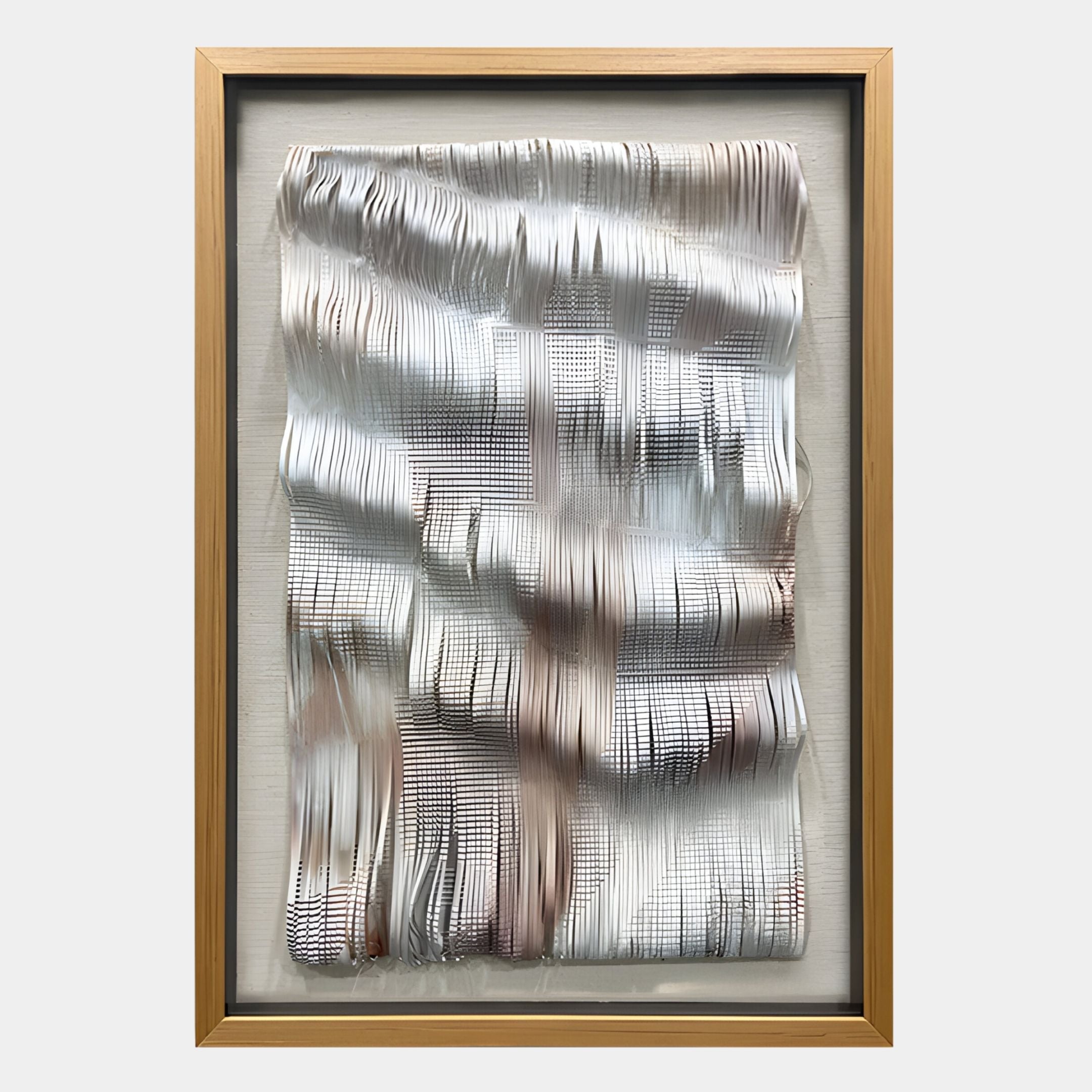 The Linscario Chrome Weave Ripple Texture 3D Wall Art by Giant Sculptures features rippled, metallic silver and white vertical lines—ideal for adding a luxurious, abstract touch to modern interiors.