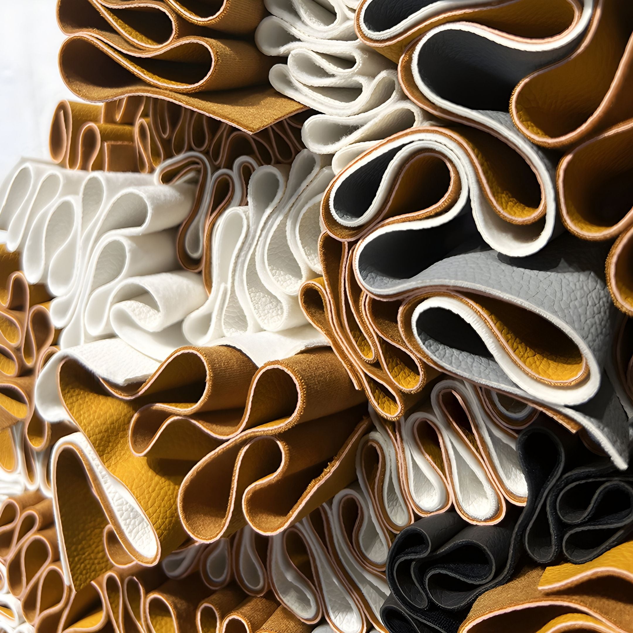 Close-up of Rivora Amber Ribbon Leather Circular 3D Wall Art by Giant Sculptures, featuring rolled and folded sheets in white, brown, tan, and black—an abstract, textured pattern ideal for sculptural wall decor or striking leather wall art.