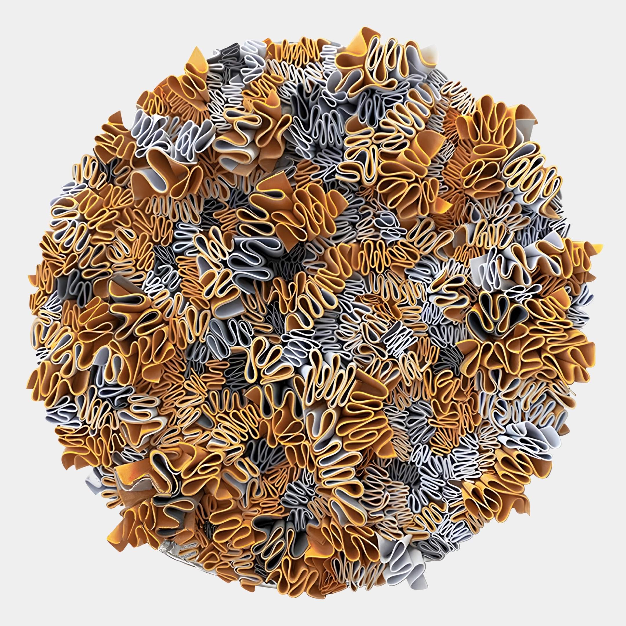 The Rivora Amber Ribbon Leather Circular 3D Wall Art by Giant Sculptures features intricately folded, ribbon-like shapes in gold, white, and gray for a dense, textured pattern that doubles as striking sculptural wall decor.
