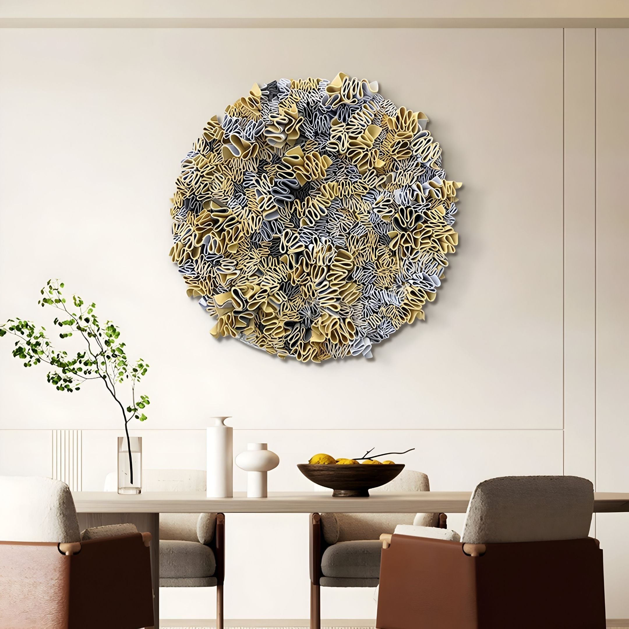 A modern dining room with a round table, four chairs, and minimalist decor features the Rivora Yellow Ribbon Leather Circular 3D Wall Art by Giant Sculptures—a bold abstract piece with layered yellow and black waves as a striking focal point.