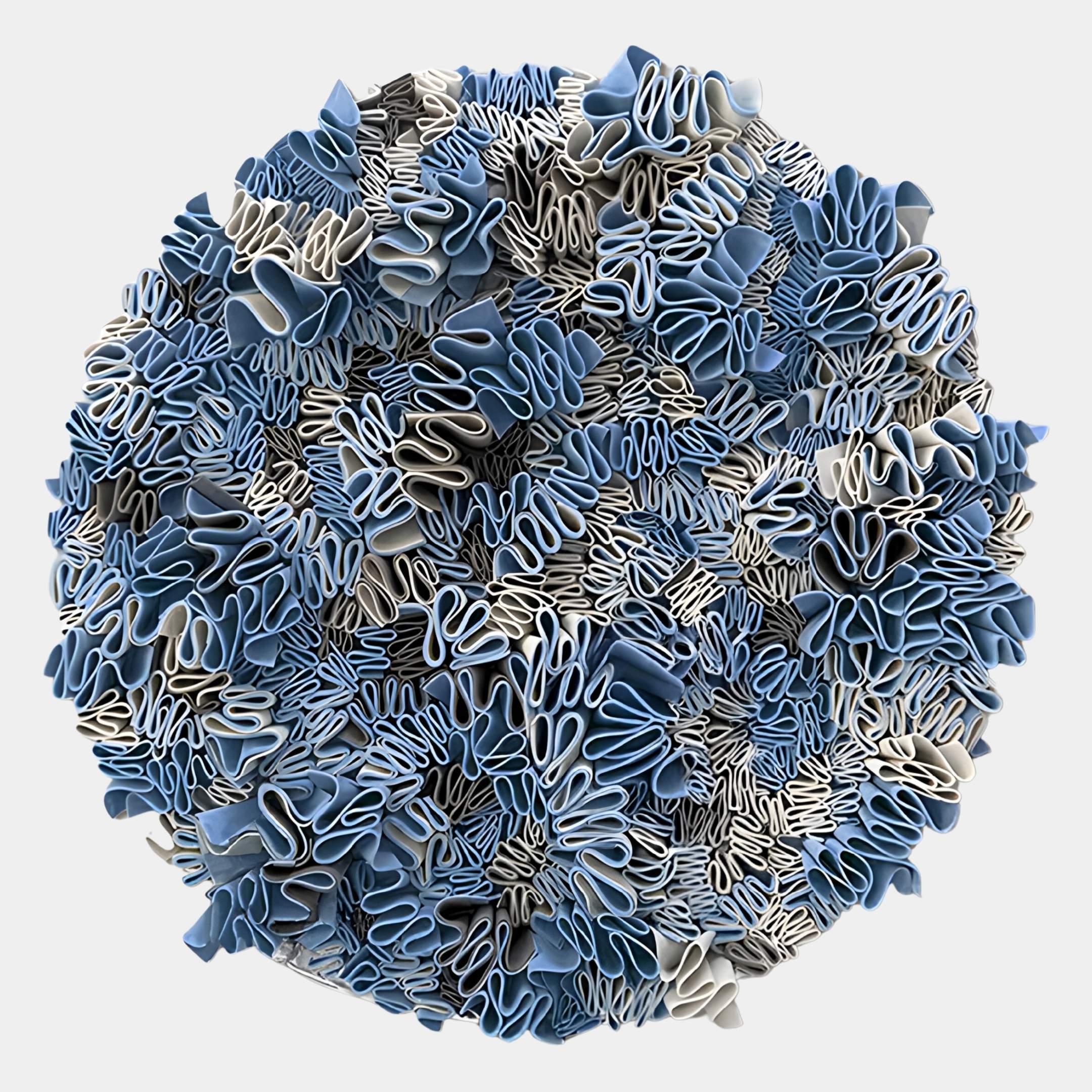 The Rivora Blue Ribbon Leather Circular 3D Wall Art by Giant Sculptures features layers of intricately folded blue and white strips, creating a rich, sculptural texture—ideal as modern wall décor for contemporary homes.