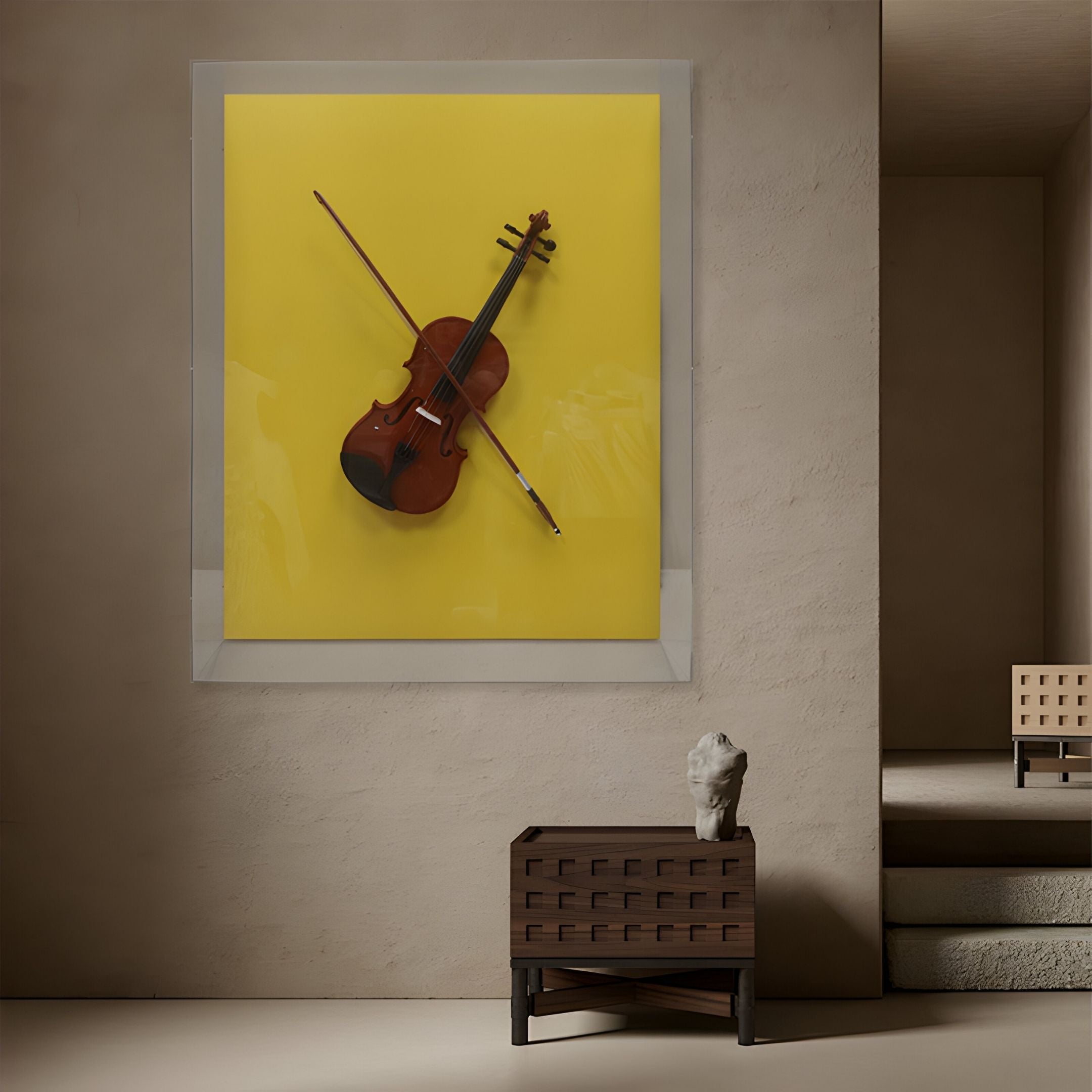 The Archetto Yellow Violin Acrylic Framed 3D Wall Art by Giant Sculptures features a violin and bow on a vivid yellow backdrop, adding bold, modern style above a wooden bench with sculpted head; steps and an extra chair complete the chic decor.