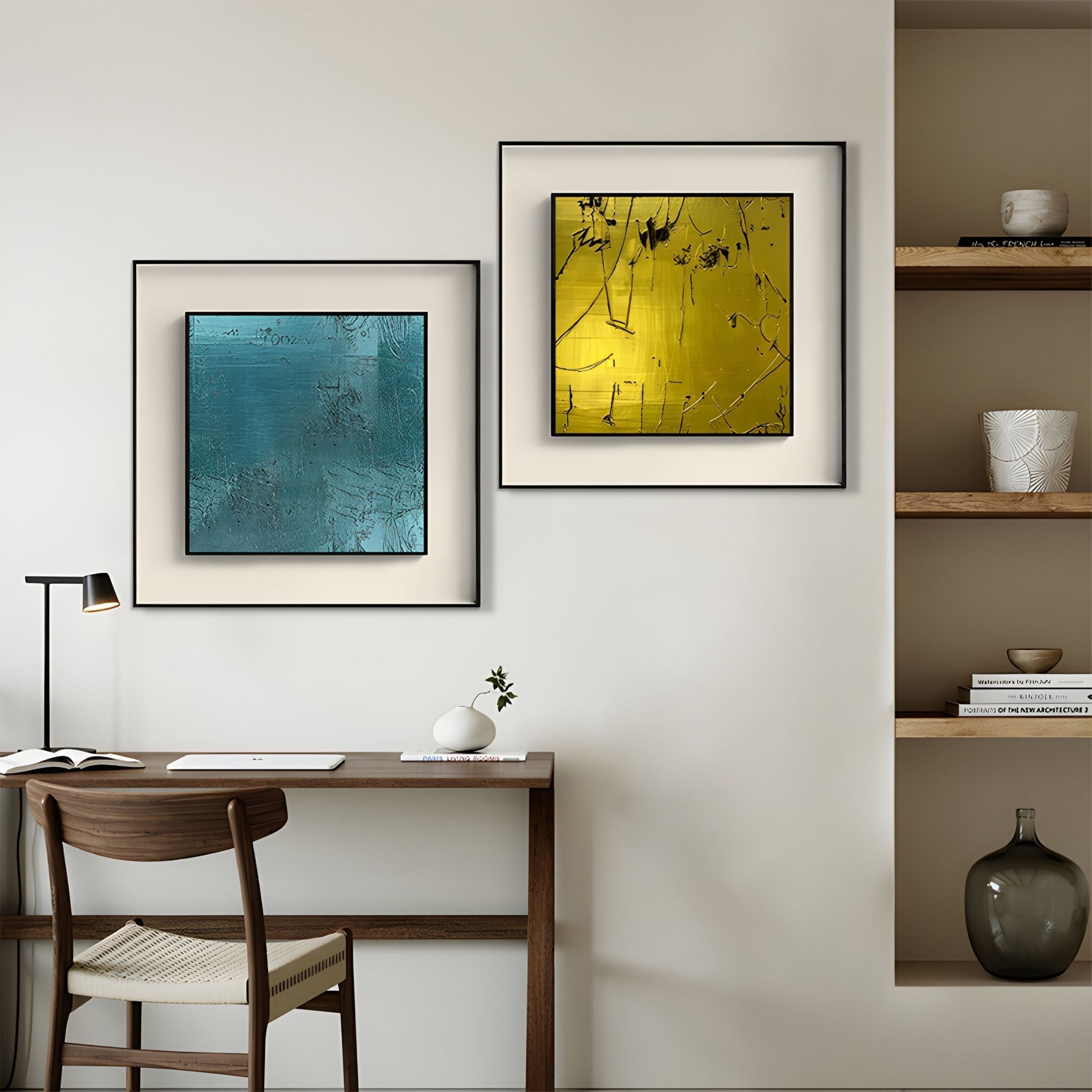 A modern workspace with a wooden desk, chair, lamp, vase, and the Trevasse Teal Textured Abstract Framed Wall Art by Giant Sculptures alongside a yellow art piece on a light wall. Open shelves on the right display minimalist decor.