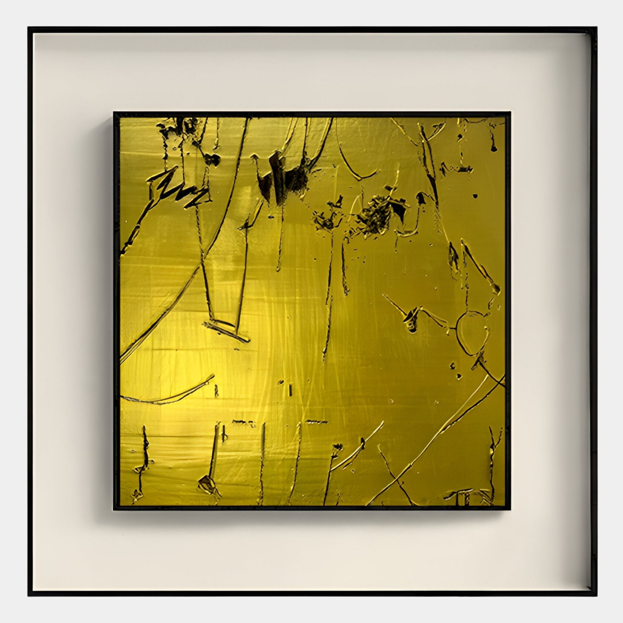 The Trevasse Gold Textured Abstract Framed Wall Art by Giant Sculptures features scratch marks and black lines on a metallic gold background, displayed in a square shadow box frame against a light wall.