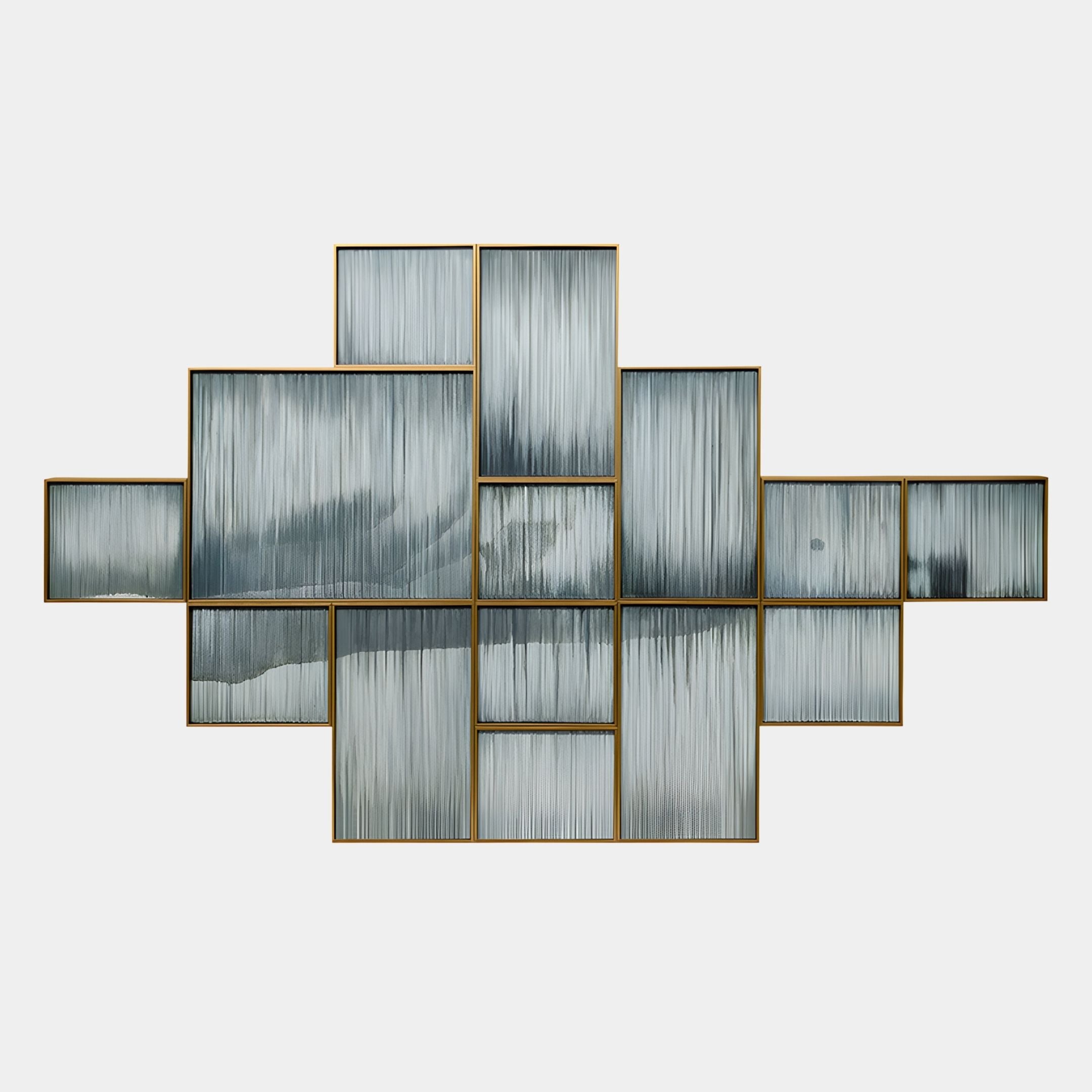 The Auresmap Mistfall Multi-Panel Abstract Landscape Wall Art by Giant Sculptures features geometric gray and white panels with gold accents, creating a serene, textured contemporary décor statement.