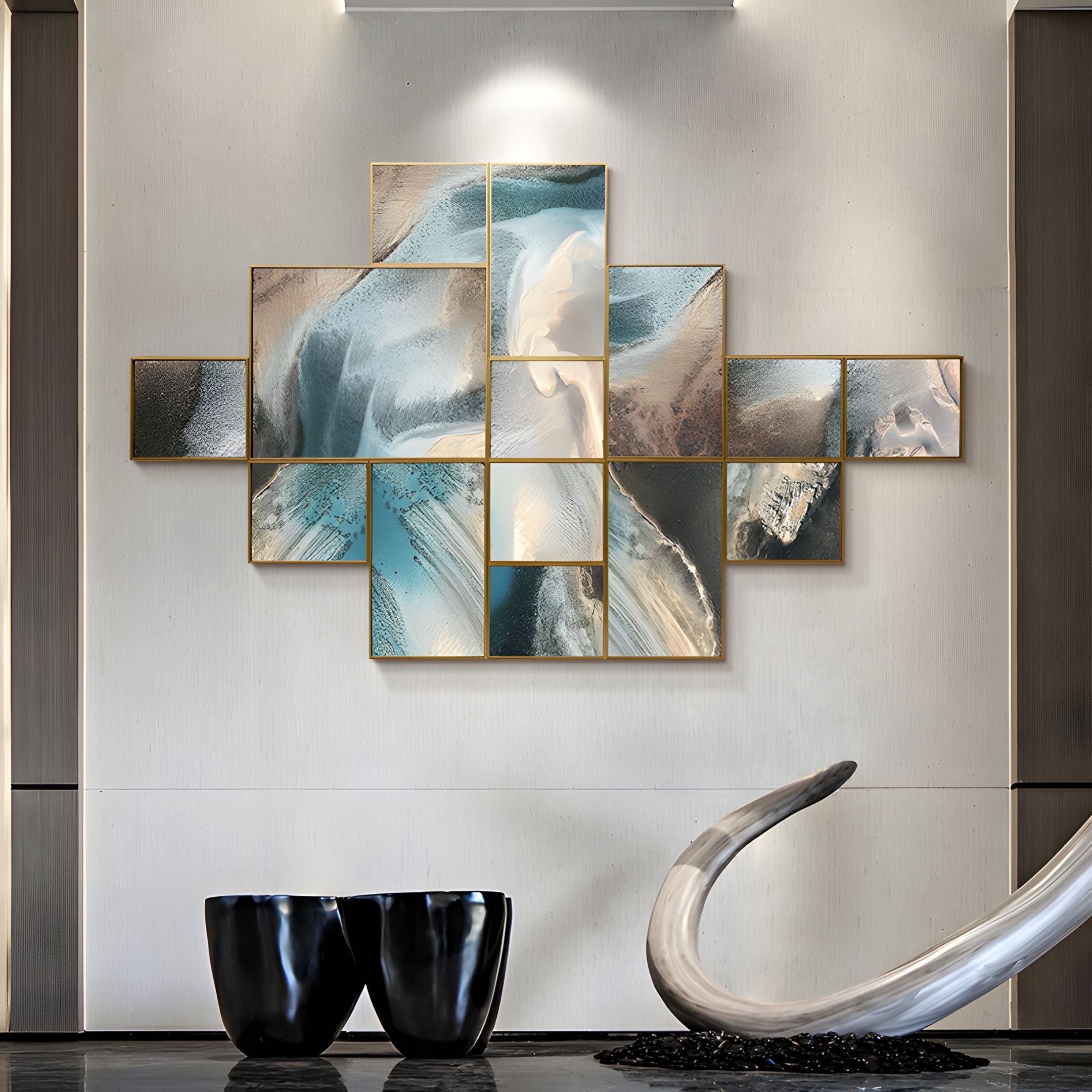 The Auresmap Tide Multi-Panel Abstract Landscape Wall Art by Giant Sculptures features swirling blue, white, and gold patterns on square and rectangular panels, complemented by two black vases and a curved horn for modern décor.