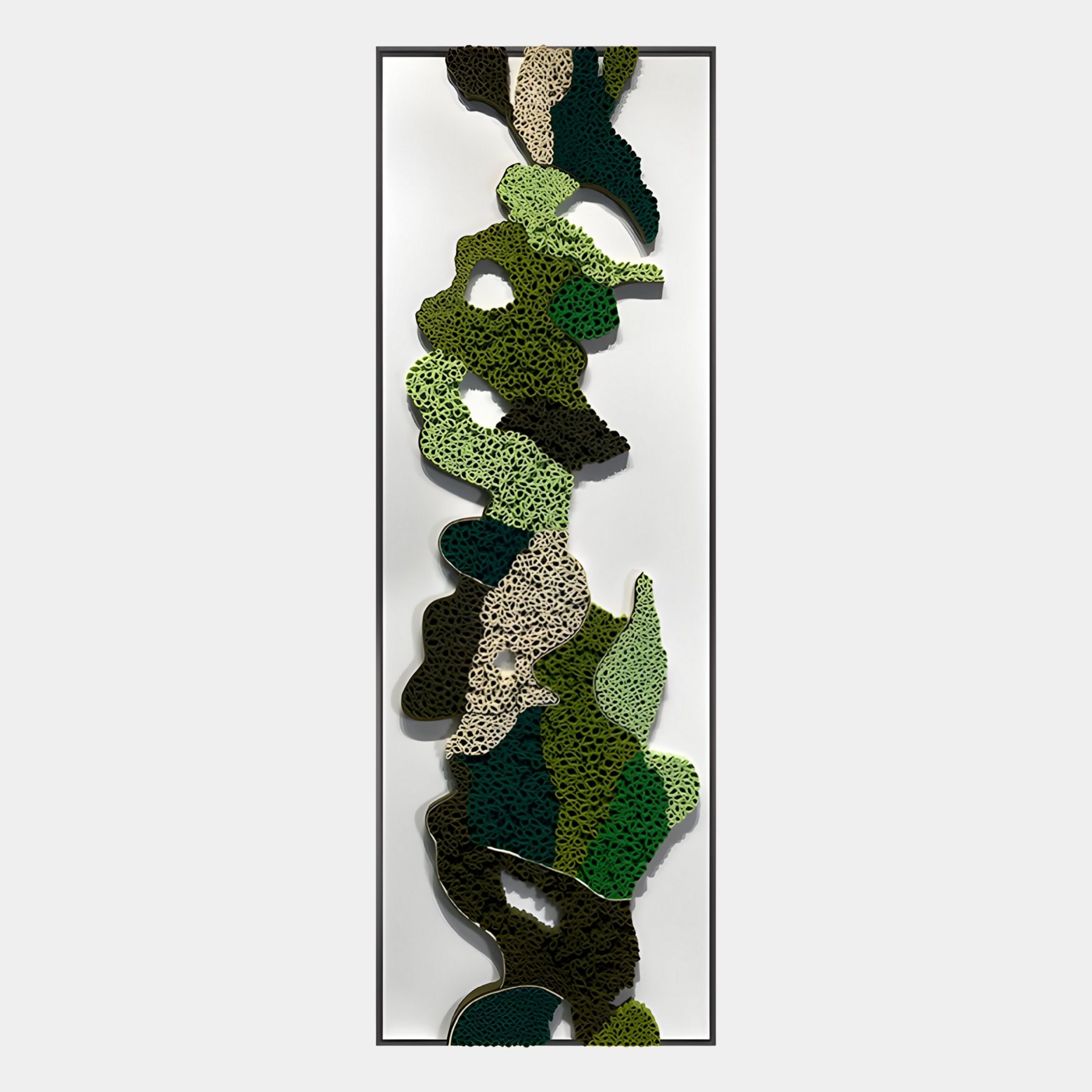 Verdurelle Green Layered Flow Felt 3D Wall Art by Giant Sculptures features organic, overlapping green, cream, and black forms with dotted accents. Reminiscent of lush foliage, it stands out on white and is finished with a sleek black frame.