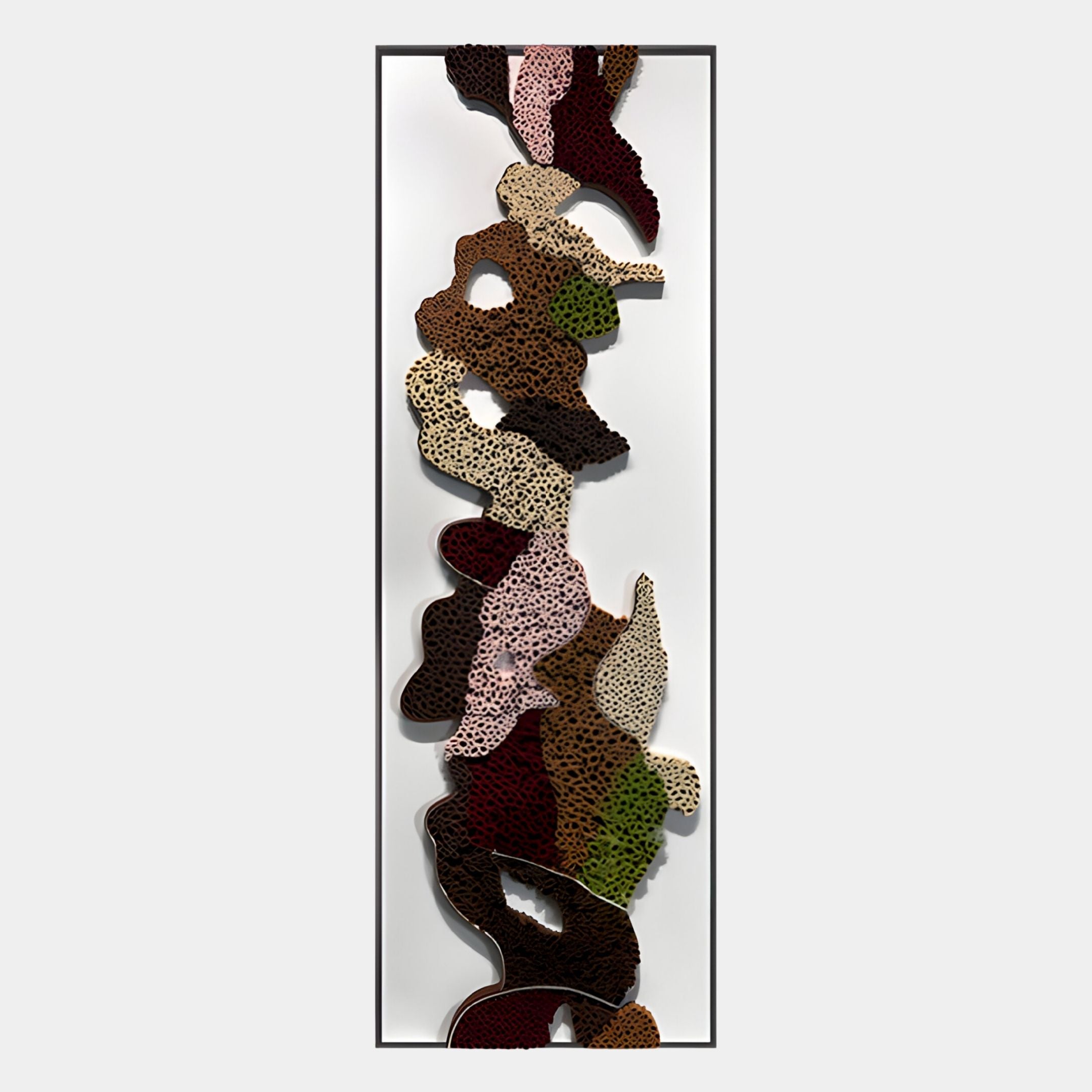 The Verdurelle Earth Layered Flow Felt 3D Wall Art by Giant Sculptures features tall, narrow, abstract layered organic shapes in burgundy, brown, beige, pink, green, and black with a textured spotted surface on a white background.