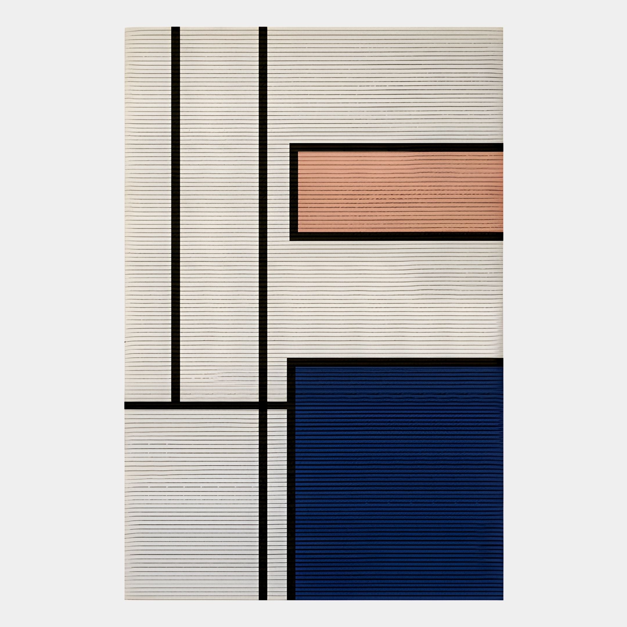 Gridoria Peach & Navy Linear Block Woven Wall Art by Giant Sculptures features textured white, peach, and navy rectangles with black lines in a grid pattern—perfect modern decor for any space.