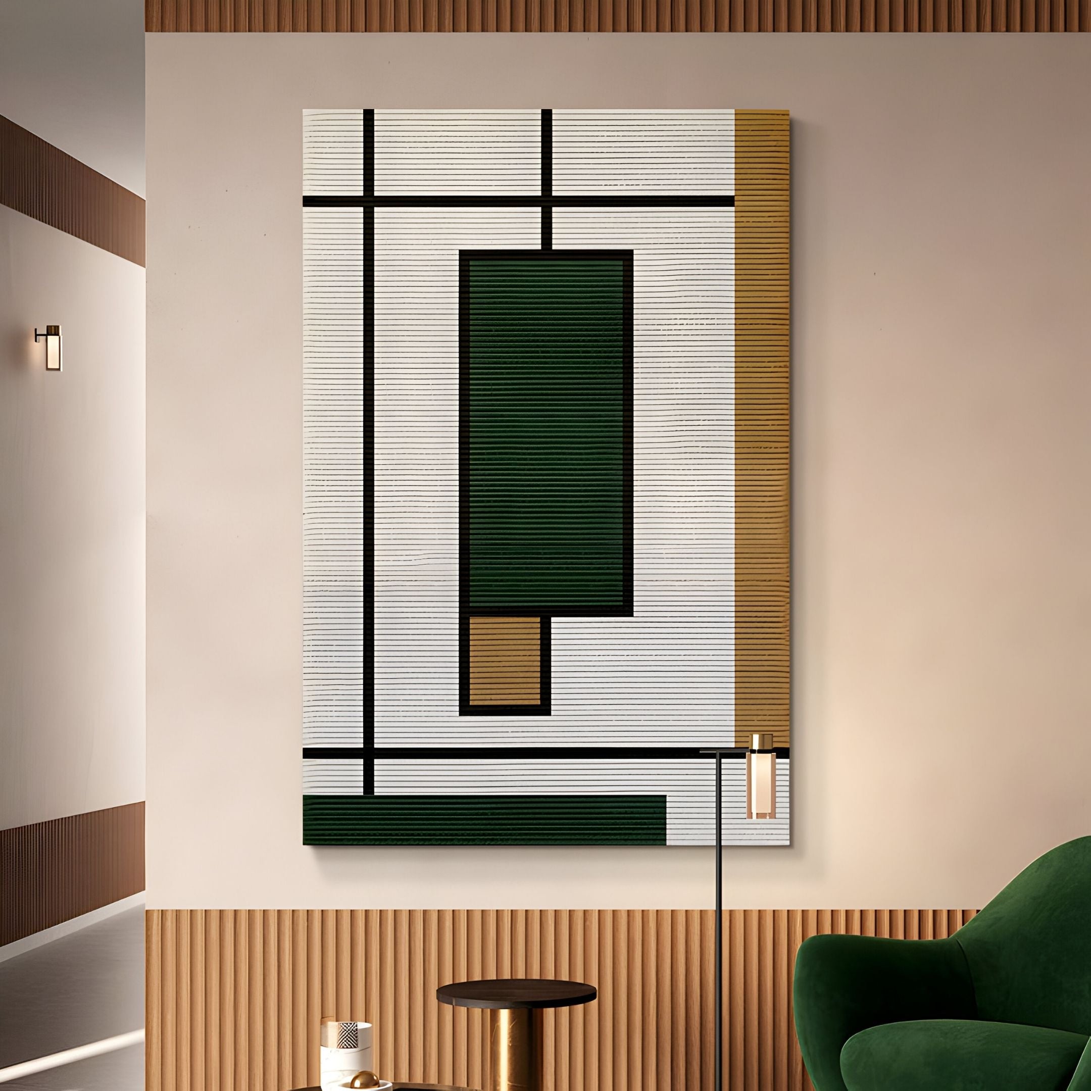 A modern living room showcases Giant Sculptures’ Gridoria Forest Green & Ochre Linear Block Woven Wall Art above a small round table and a forest green velvet armchair against beige paneled walls.