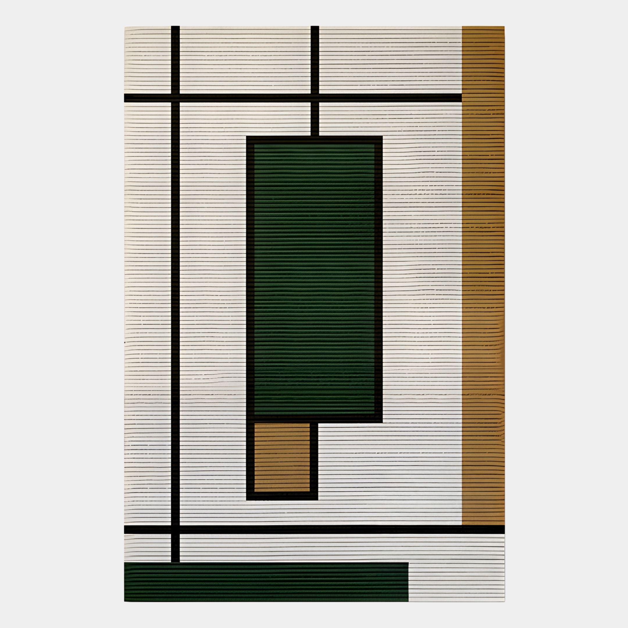 The Gridoria Forest Green & Ochre Linear Block Woven Wall Art by Giant Sculptures features a minimalist, modern design with vertical and horizontal black lines and forest green and ochre blocks on a white ribbed background.