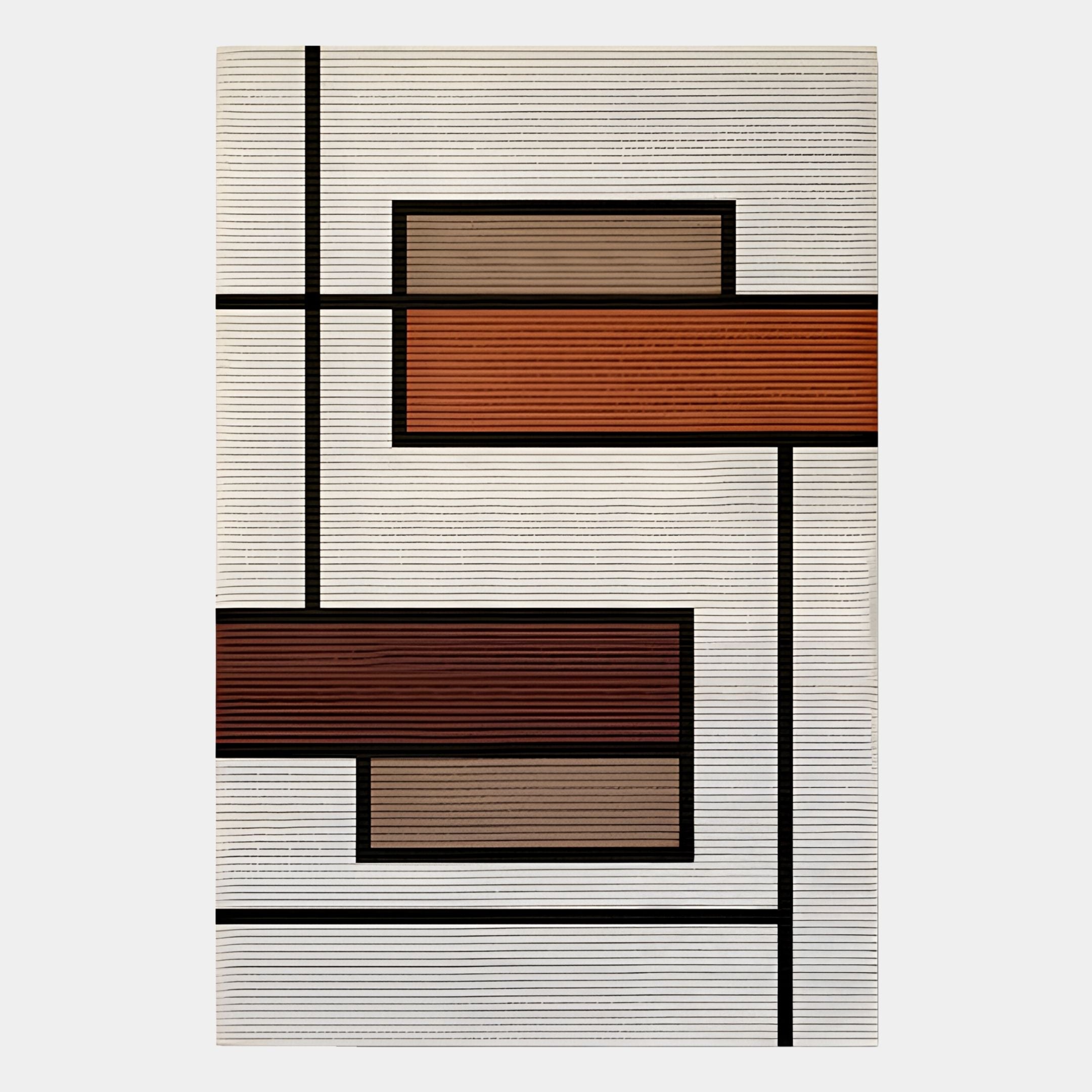 The Giant Sculptures Gridoria Rust & Taupe Linear Block Woven Wall Art features intersecting black lines and rectangles in brown, red, and beige on a textured white background, adding modern minimalist flair to any room.