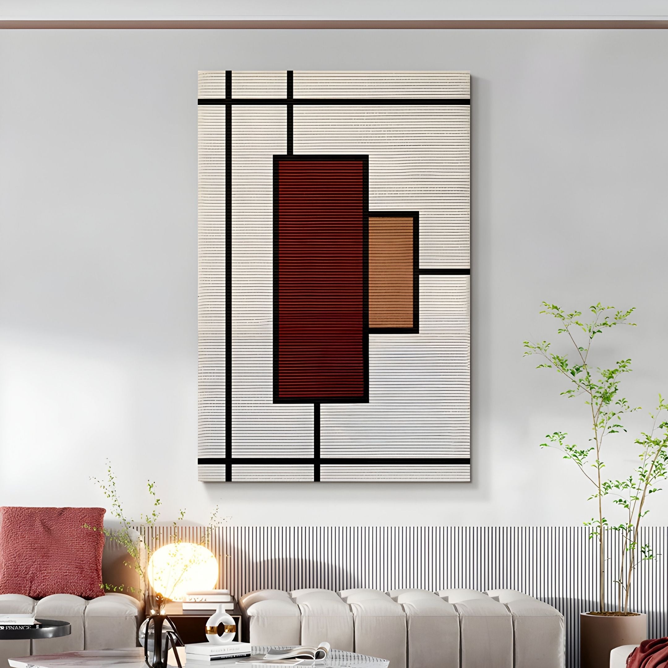 A modern living room highlights the Gridoria Deep Red & Sand Linear Block Woven Wall Art by Giant Sculptures above a light sofa, complemented by a table with a lamp, pillow, and plant for stylish contemporary décor.