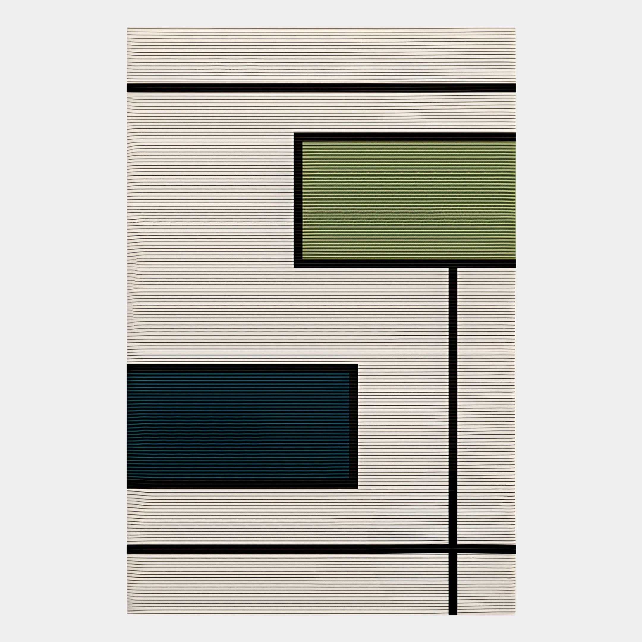 The Gridoria Olive Green & Teal Linear Block Woven Wall Art by Giant Sculptures features thin beige stripes and bold black lines forming geometric shapes, with an olive green block in the upper right and teal in the lower left.
