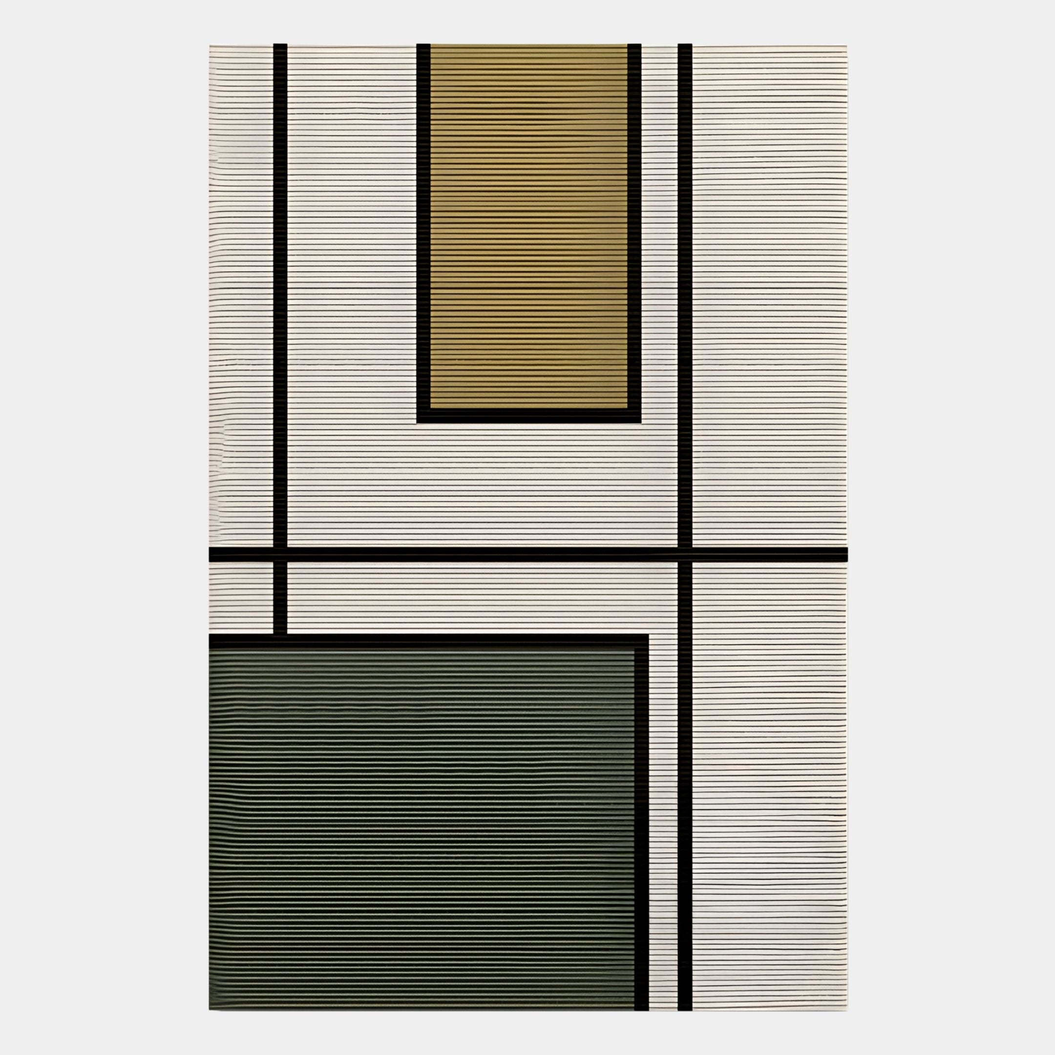 The Gridoria Mustard Gold & Graphite Linear Block Woven Wall Art by Giant Sculptures features modern textile-inspired abstract art with thin horizontal lines, bold intersecting lines, and blocks of mustard gold, graphite, and white.