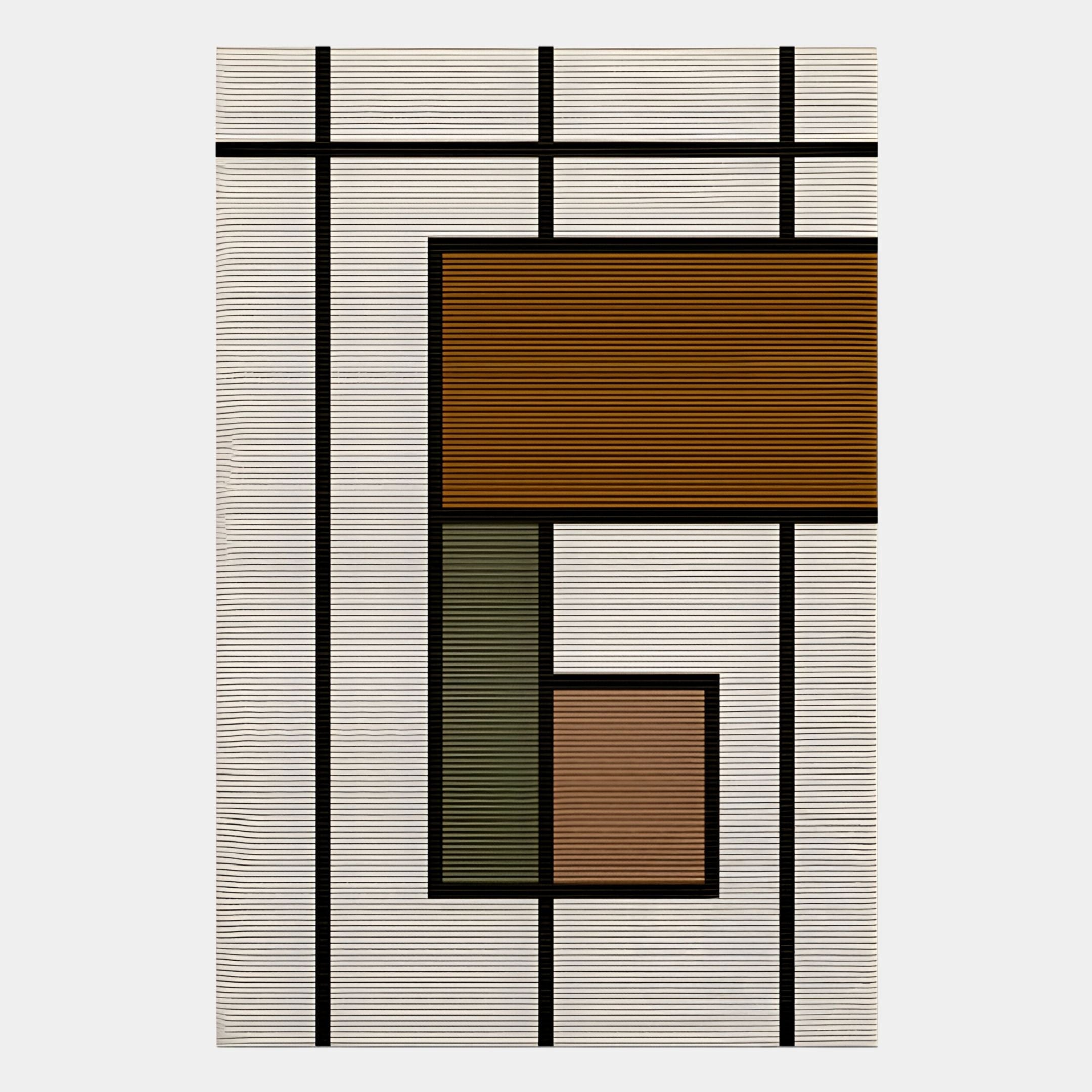 The Gridoria Cocoa Brown & Olive Linear Block Woven Wall Art by Giant Sculptures features a geometric modern design with bold black lines and earthy tones—ideal for minimalist interiors.