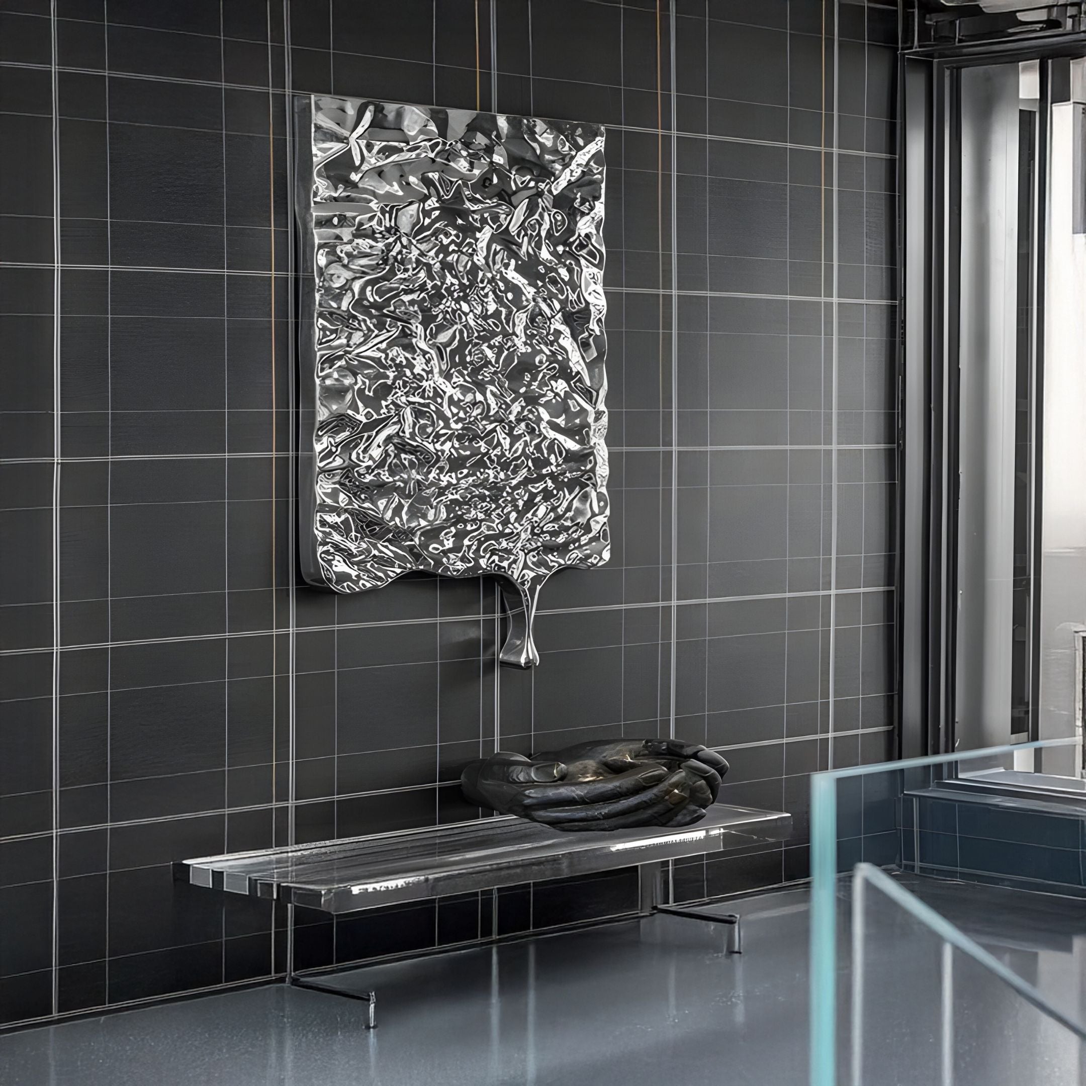 A modern interior with dark plaid tile walls showcases the Lumineris Silver Drip Cascade Metal 3D Wall Art by Giant Sculptures above a sleek black marble bench topped with a coiled black accent, alongside glass and steel elements.