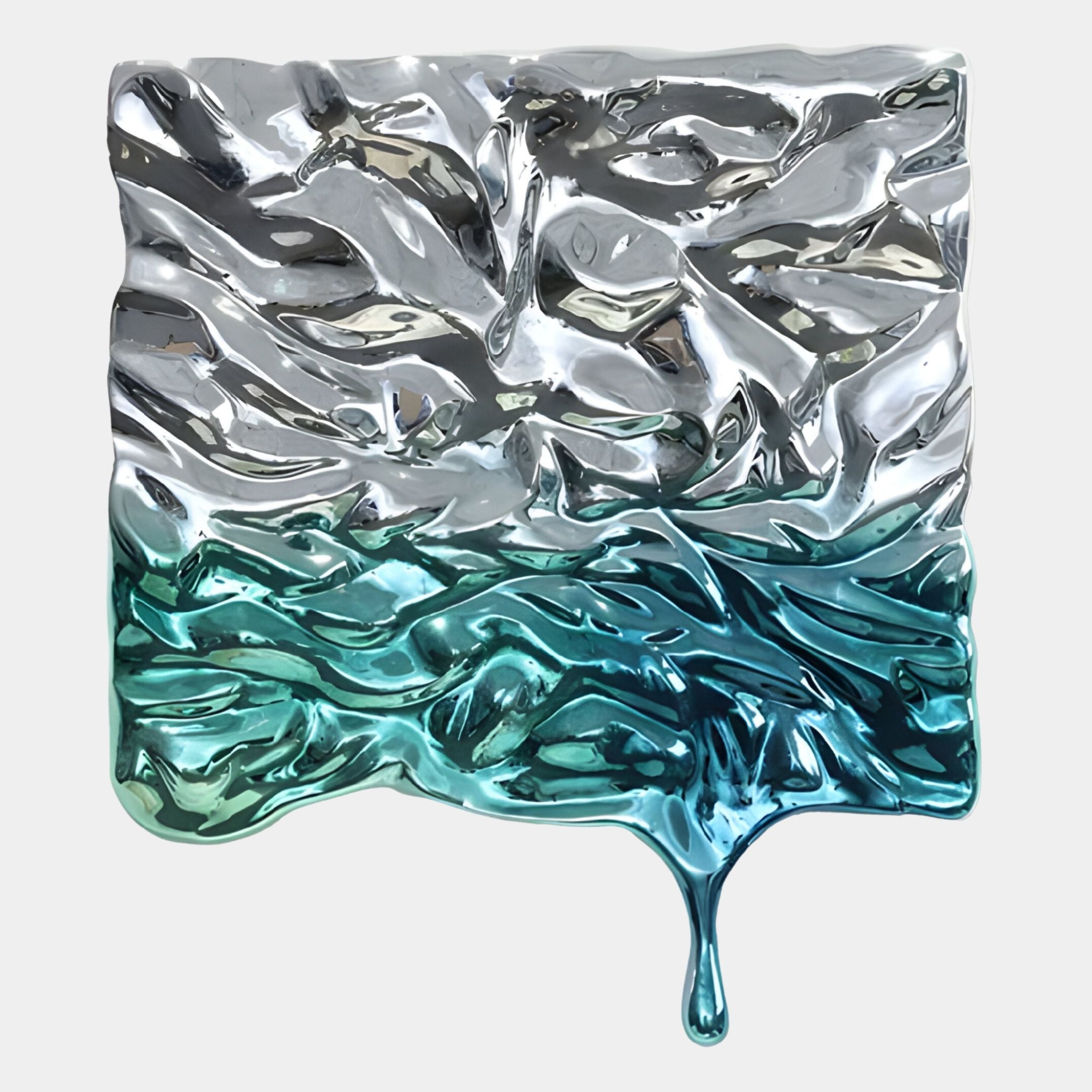 The Lumineris Silver-Aqua Gradient Melt Metal 3D Wall Art by Giant Sculptures features a square metallic design with wavy texture, a silver top fading into teal and blue, and a glossy droplet shape—an eye-catching statement piece.
