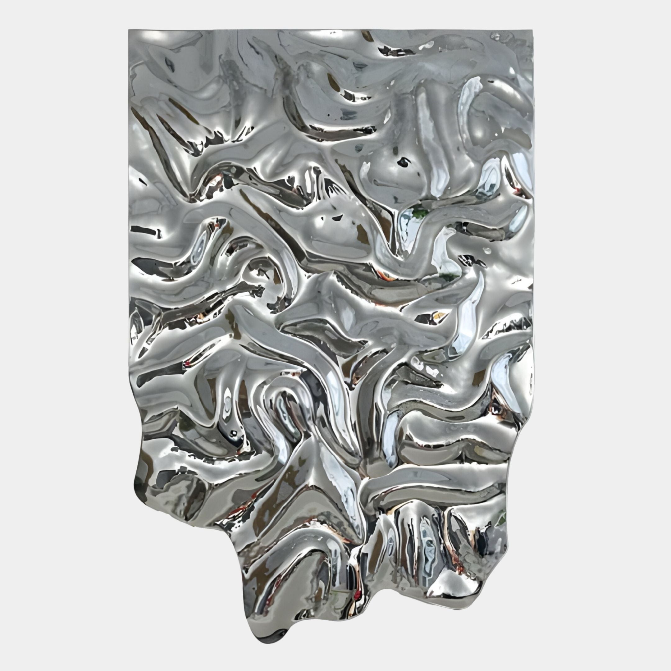 The Lumineris Silver Foldflow Metal 3D Wall Art by Giant Sculptures features a metallic silver, wavy design with organic undulating patterns and irregular edges, creating striking sculptural decor for your wall.