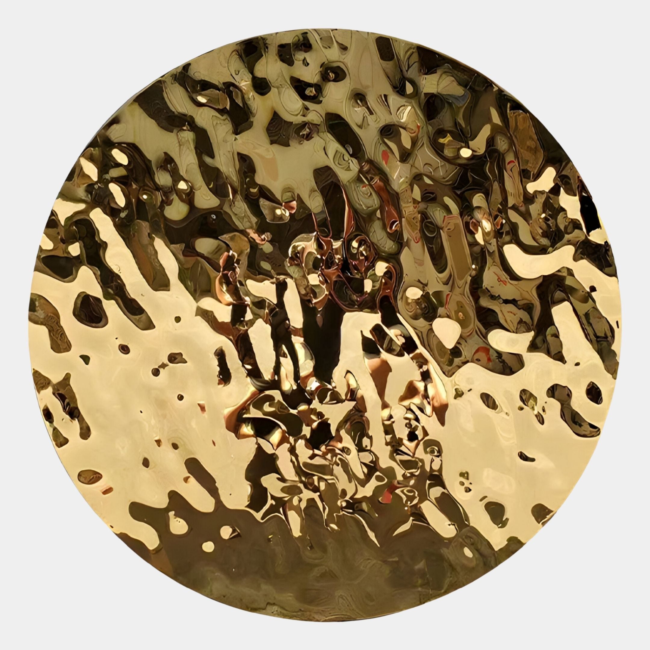 The Lumineris Gold Ripple Sphere Metal 3D Wall Art by Giant Sculptures features a round, gold-toned surface with wavy textures, creating abstract, rippled reflections for a striking modern look against any wall.