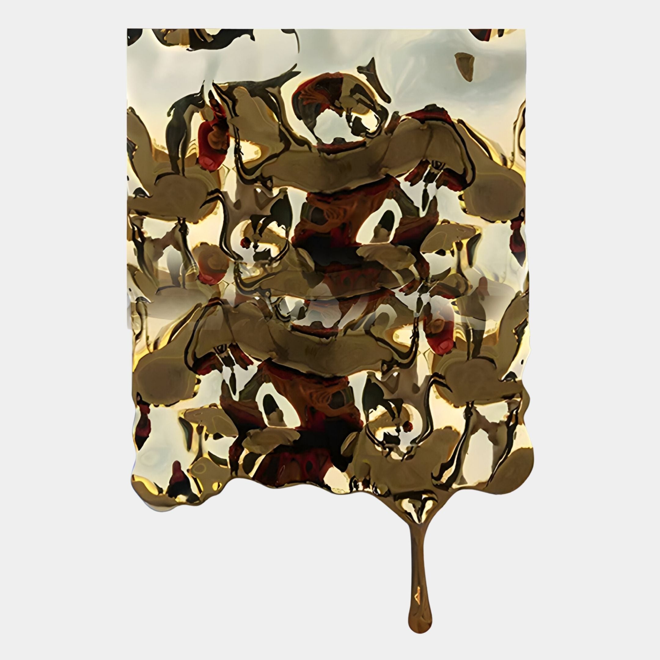 The Lumineris Gold Drip Cascade Metal 3D Wall Art by Giant Sculptures features a reflective wavy gold surface with brown, cream, and red accents, finished with a liquid-effect drip edge on a white background for modern style.