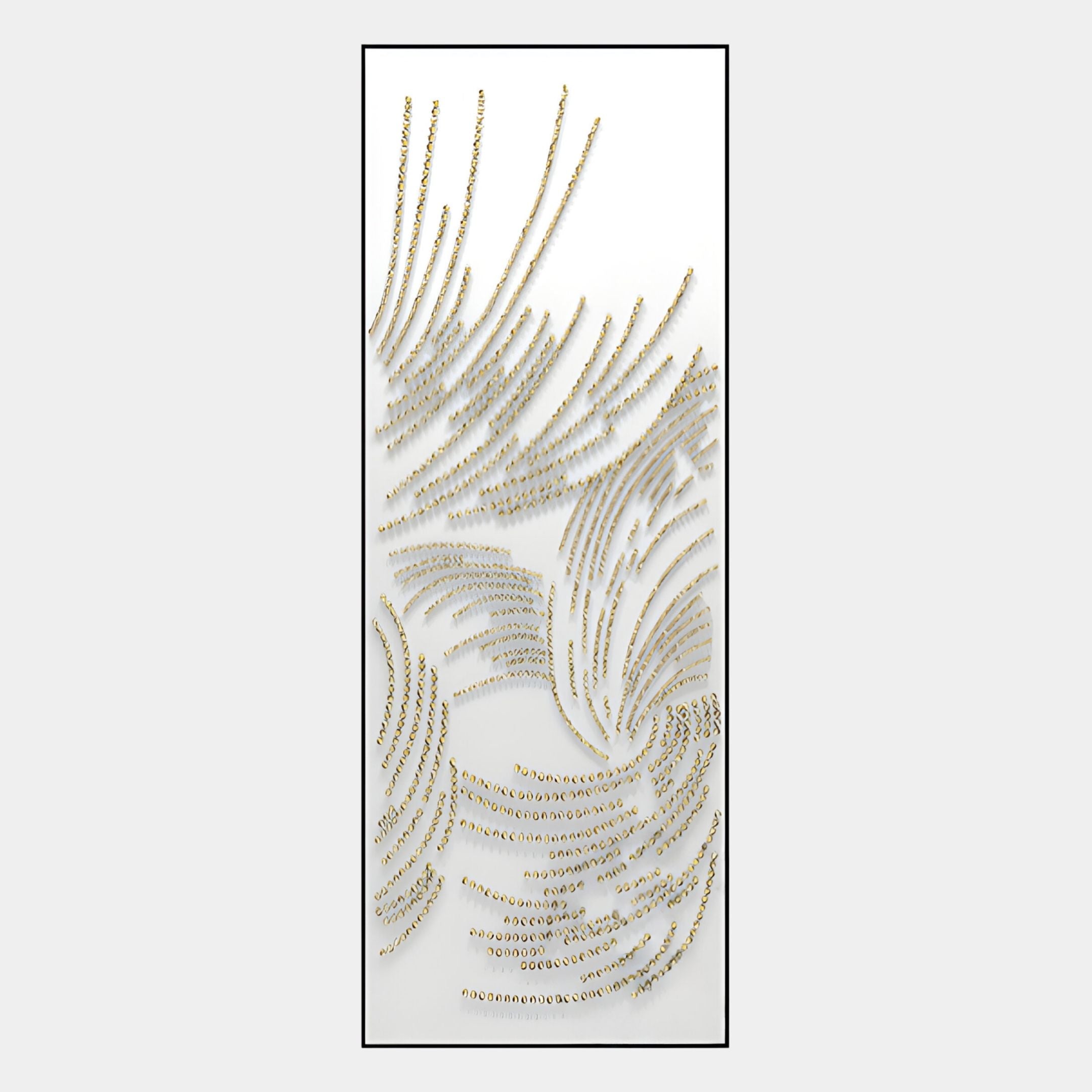 Auravolta II Pearl Beads Swirl Pattern 3D Wall Art by Giant Sculptures features dynamic gold and silver bead curves on white, framed for a modern look—ideal contemporary 3D wall decor.