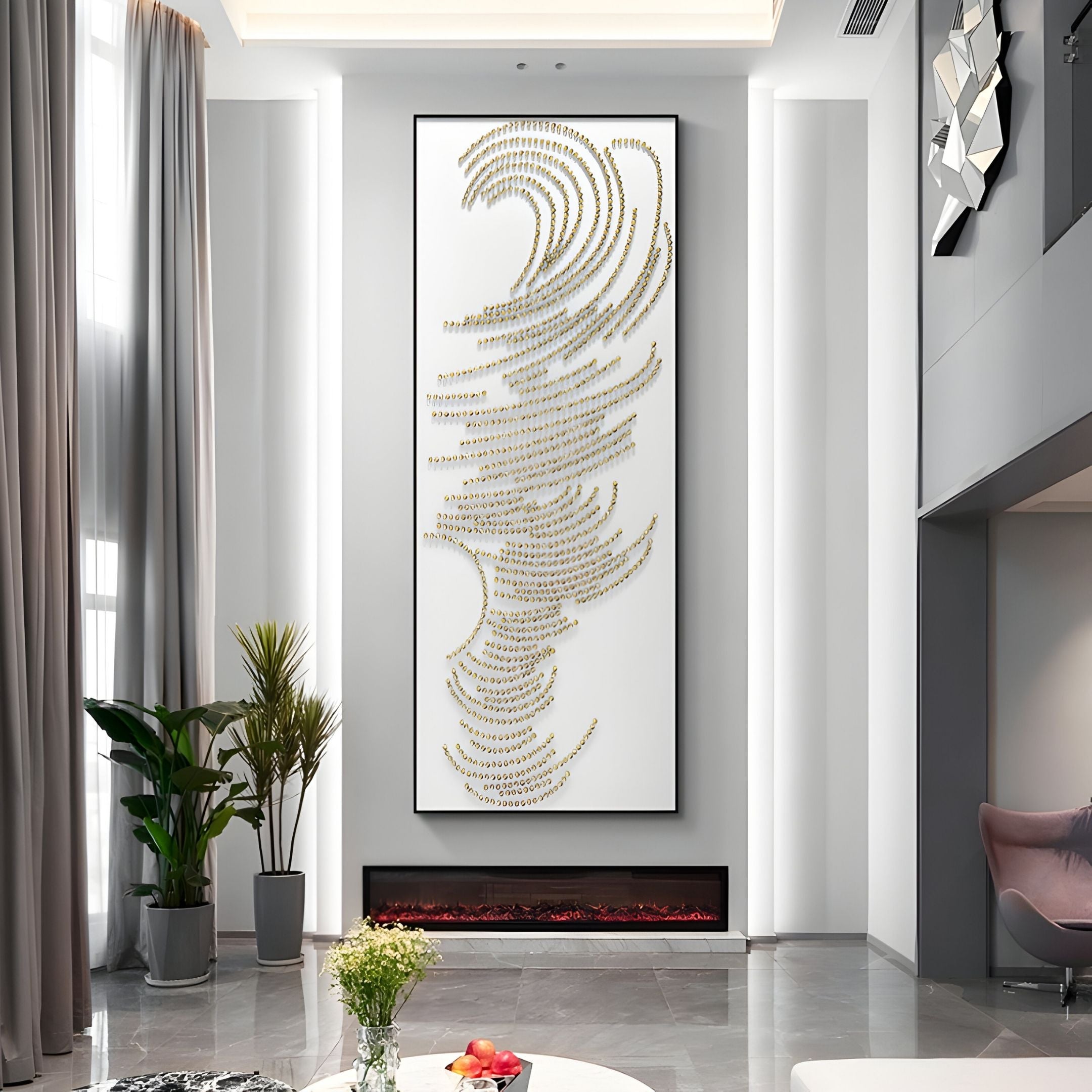 A modern living room with tall ceilings, large windows, indoor plants, grey curtains, and the Giant Sculptures Auravolta III Pearl Beads Swirl Pattern 3D Wall Art featuring gold accents above a sleek electric fireplace.